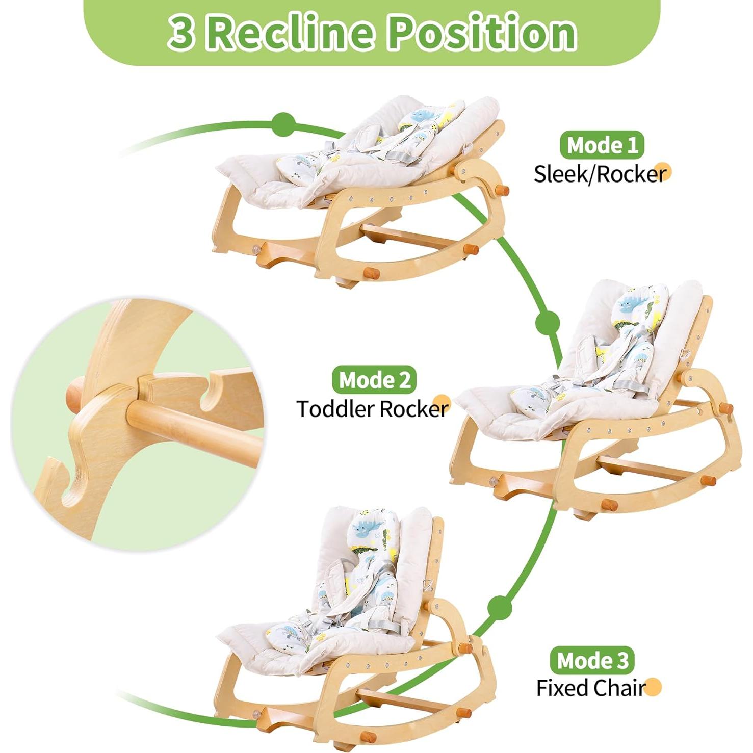MallBest 3-in-1 Double Cushion Baby Bouncer Adjustable Wooden Rocker Chair Recliner with Removable Cushion and Seat Belt for Infant to Toddler (Beige)