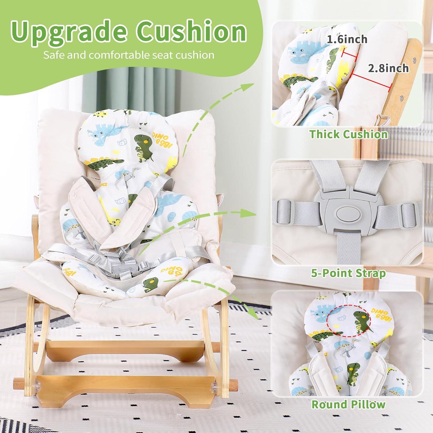 MallBest 3-in-1 Double Cushion Baby Bouncer Adjustable Wooden Rocker Chair Recliner with Removable Cushion and Seat Belt for Infant to Toddler (Beige)