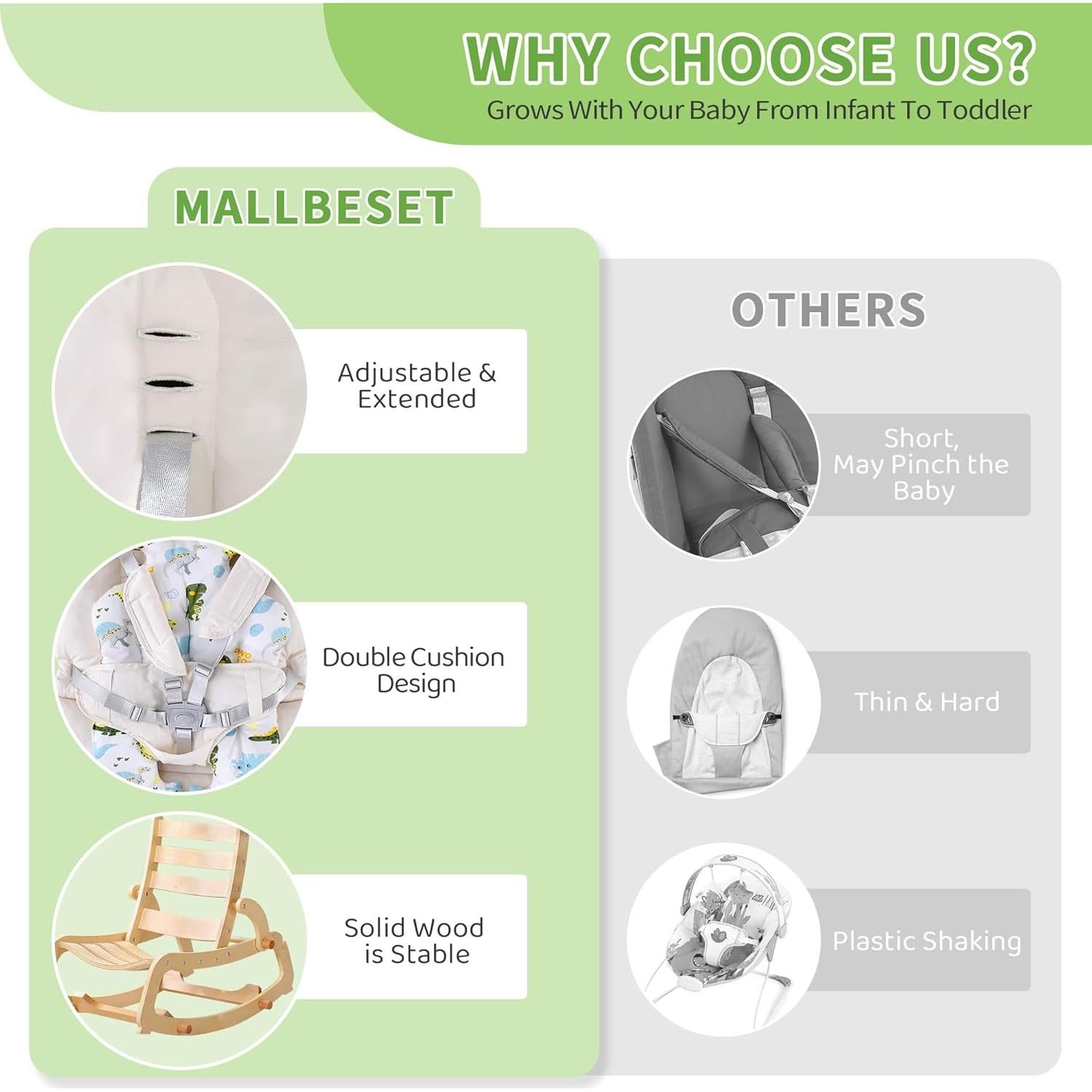 MallBest 3-in-1 Double Cushion Baby Bouncer Adjustable Wooden Rocker Chair Recliner with Removable Cushion and Seat Belt for Infant to Toddler (Beige)