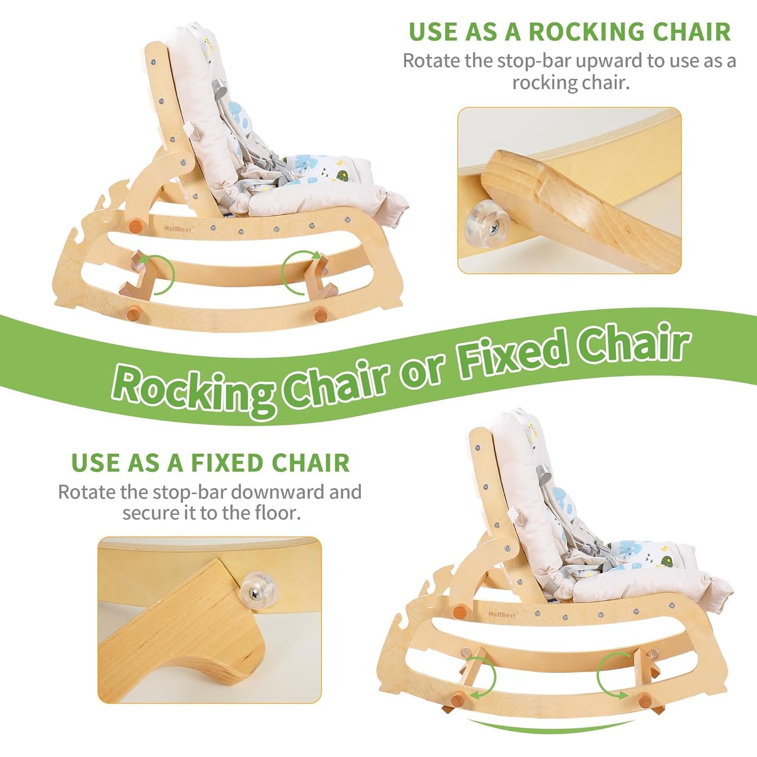 MallBest 3-in-1 Double Cushion Baby Bouncer Adjustable Wooden Rocker Chair Recliner with Removable Cushion and Seat Belt for Infant to Toddler (Beige)