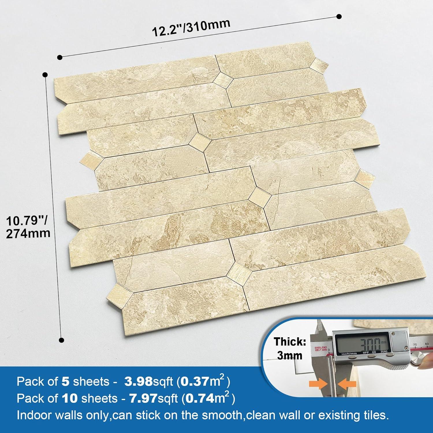 Azulejos Autoadhesivos M MOFIT 5 Hojas Beige Dorado 3D