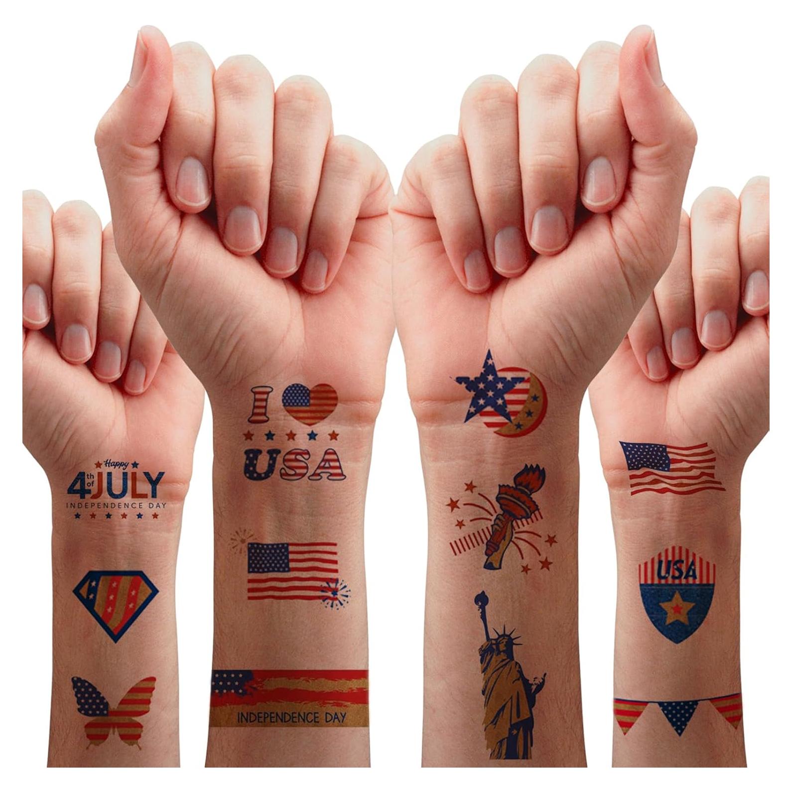 75PCS Gold 4th of July Temporary Tattoo, Large US Patriotic Fourth of July Decorations Tattoo Sticker Party Favor, American Veteran USA Temp Tatoo Kid Adult Independence Day, Memorial Day, 4-Sheet