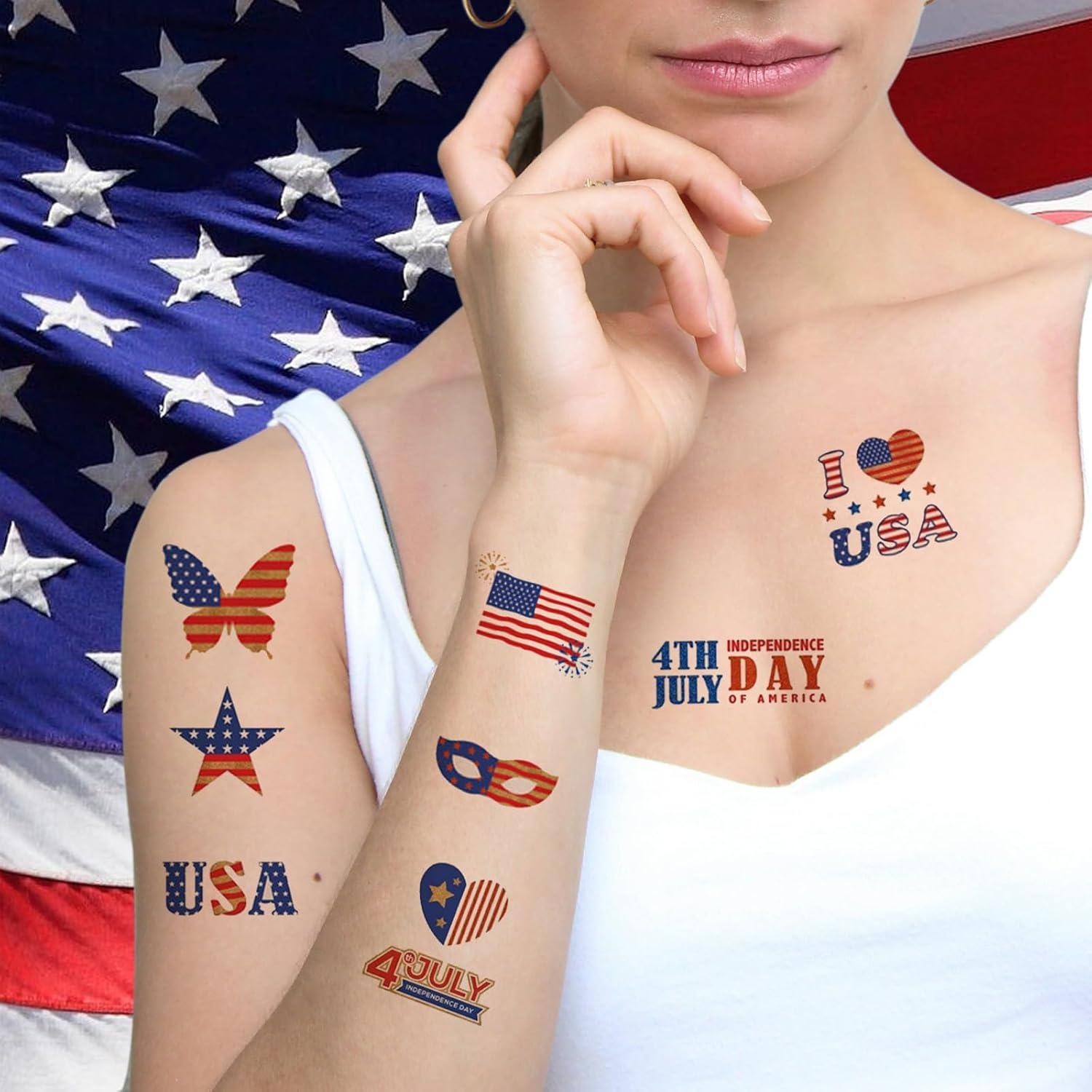 75PCS Gold 4th of July Temporary Tattoo, Large US Patriotic Fourth of July Decorations Tattoo Sticker Party Favor, American Veteran USA Temp Tatoo Kid Adult Independence Day, Memorial Day, 4-Sheet