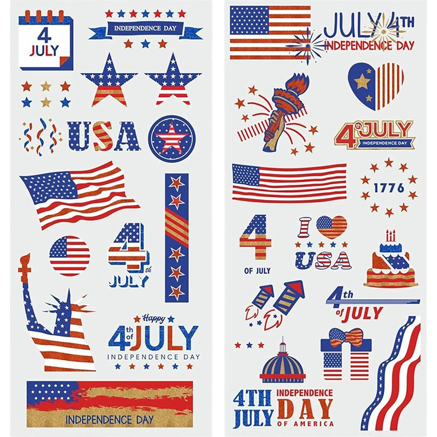 75PCS Gold 4th of July Temporary Tattoo, Large US Patriotic Fourth of July Decorations Tattoo Sticker Party Favor, American Veteran USA Temp Tatoo Kid Adult Independence Day, Memorial Day, 4-Sheet