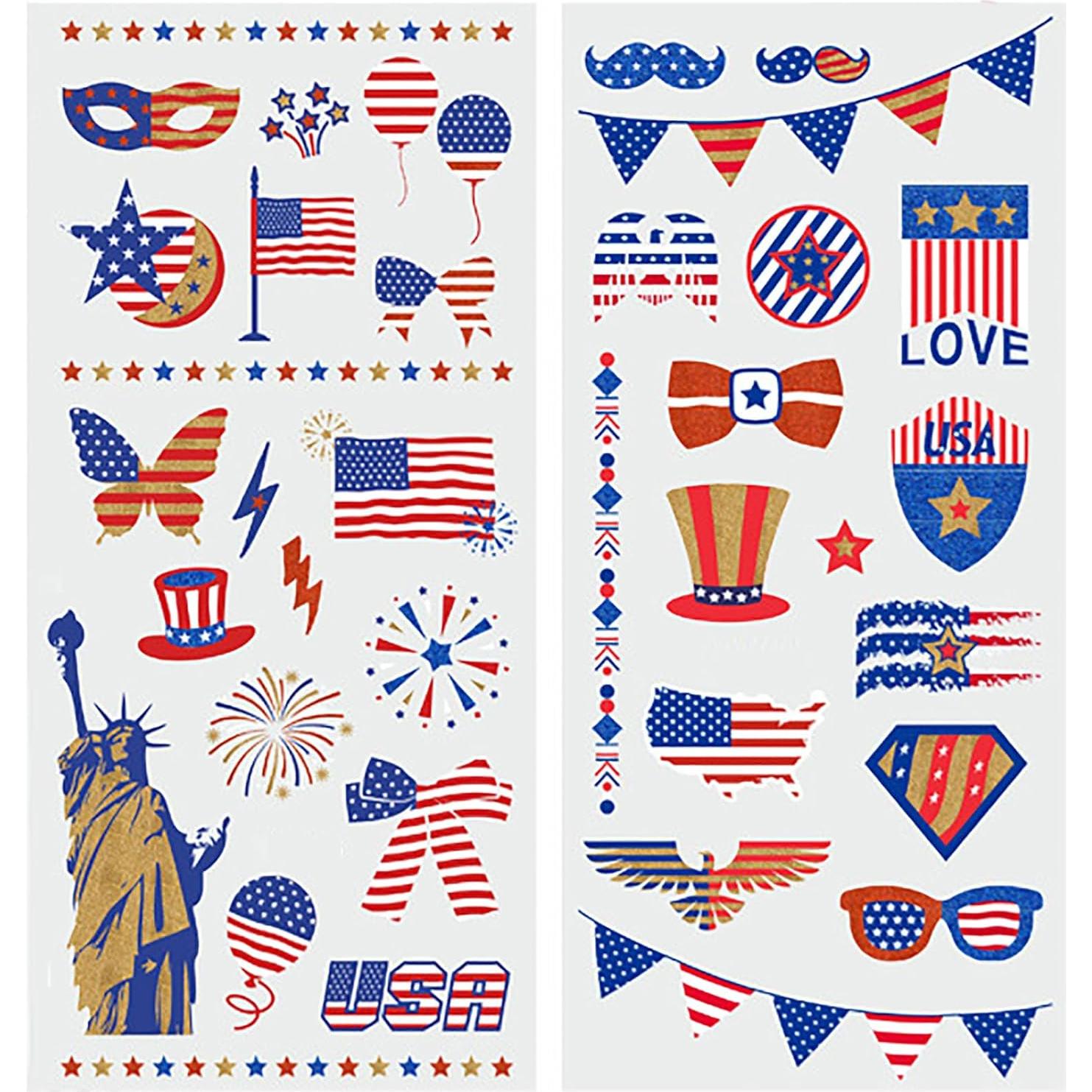 75PCS Gold 4th of July Temporary Tattoo, Large US Patriotic Fourth of July Decorations Tattoo Sticker Party Favor, American Veteran USA Temp Tatoo Kid Adult Independence Day, Memorial Day, 4-Sheet