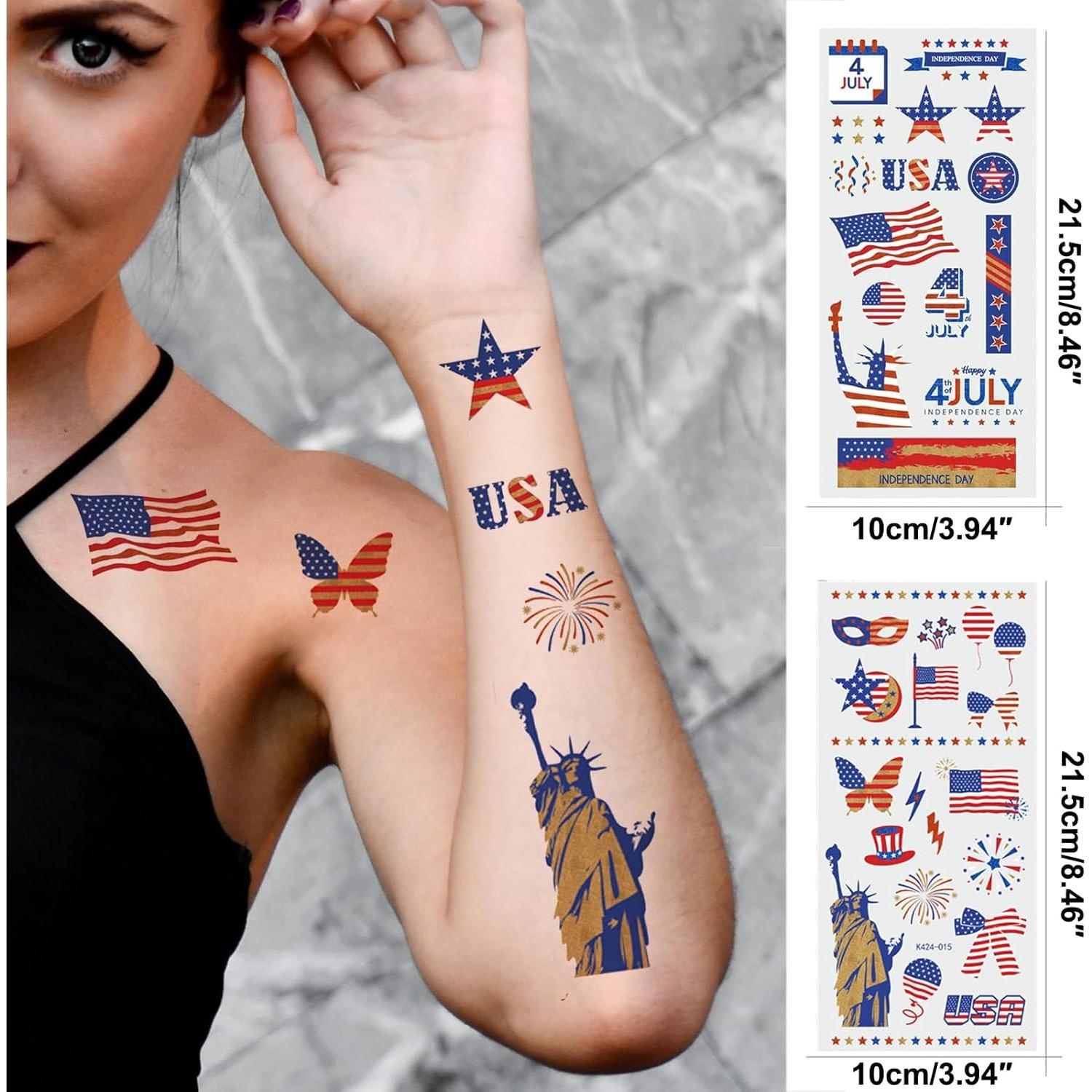 75PCS Gold 4th of July Temporary Tattoo, Large US Patriotic Fourth of July Decorations Tattoo Sticker Party Favor, American Veteran USA Temp Tatoo Kid Adult Independence Day, Memorial Day, 4-Sheet