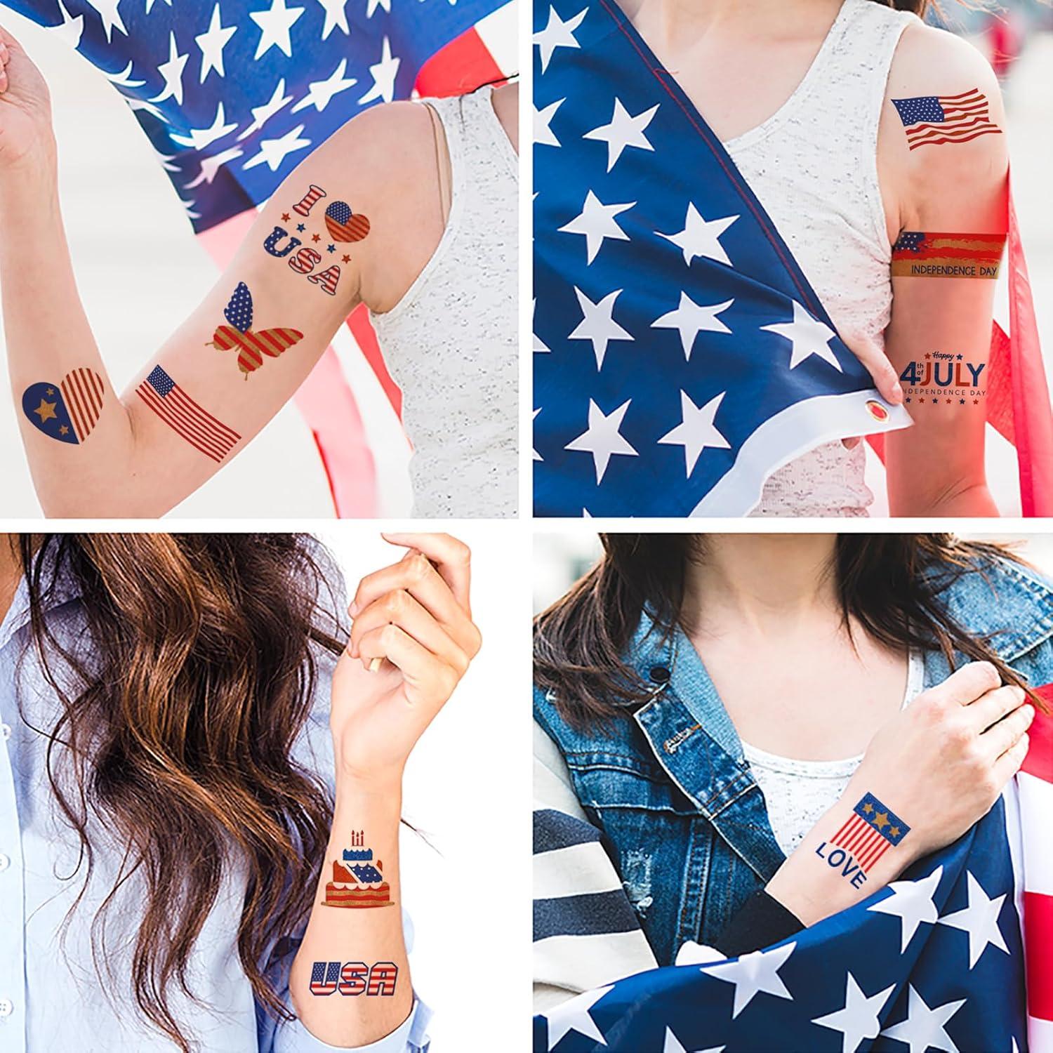 75PCS Gold 4th of July Temporary Tattoo, Large US Patriotic Fourth of July Decorations Tattoo Sticker Party Favor, American Veteran USA Temp Tatoo Kid Adult Independence Day, Memorial Day, 4-Sheet