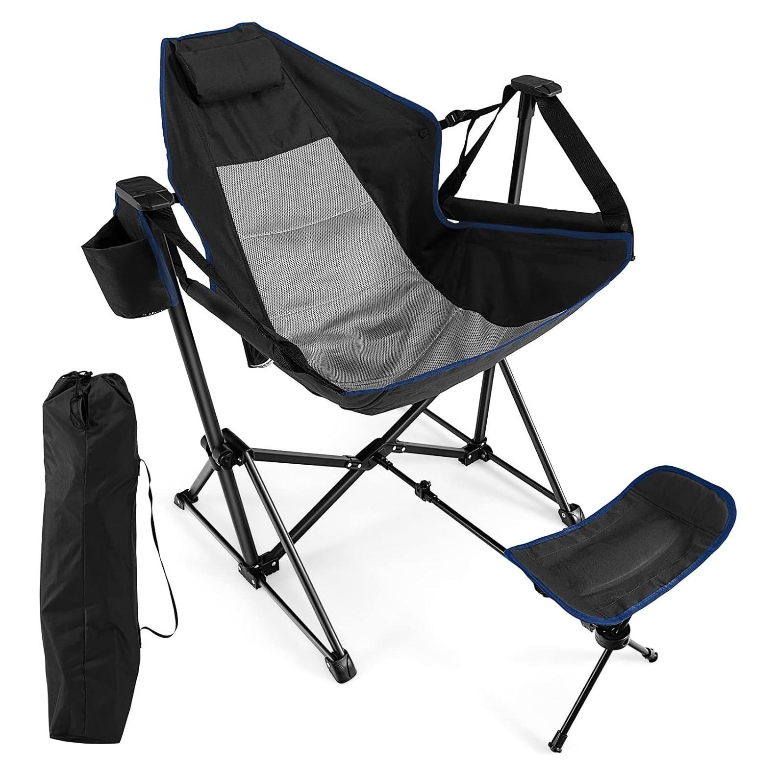 Silla de Camping Mecedora Giantex Negra con Reposapiés Ajustable