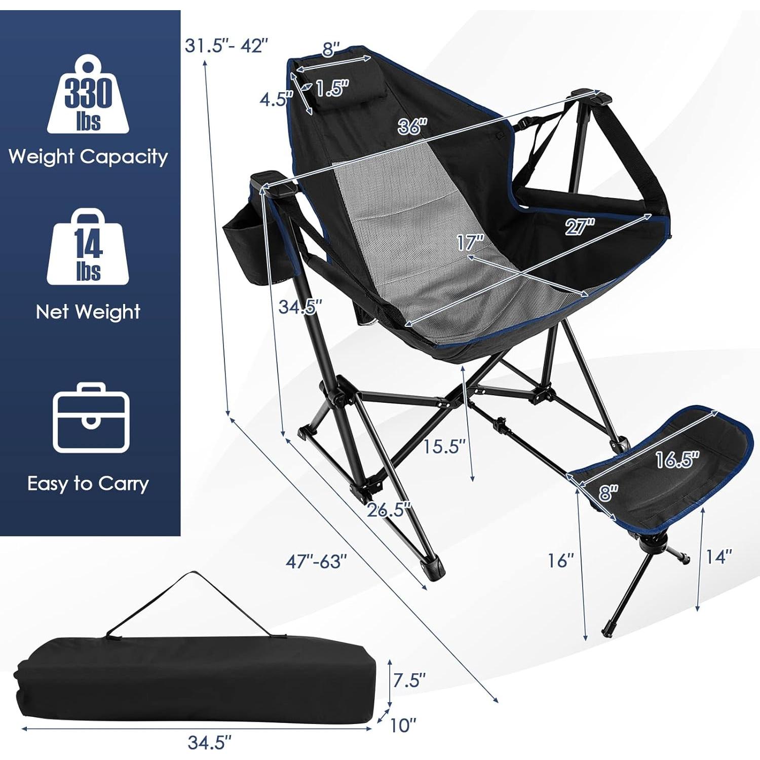Silla de Camping Mecedora Giantex Negra con Reposapiés Ajustable