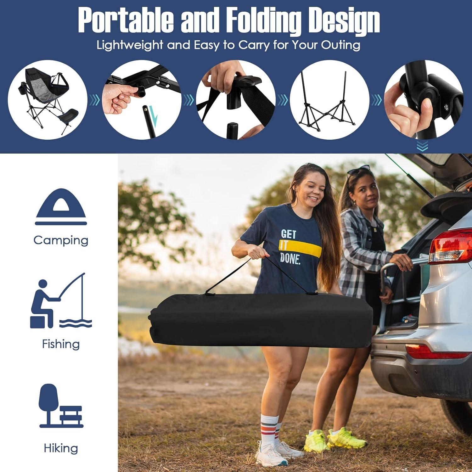 Silla de Camping Mecedora Giantex Negra con Reposapiés Ajustable