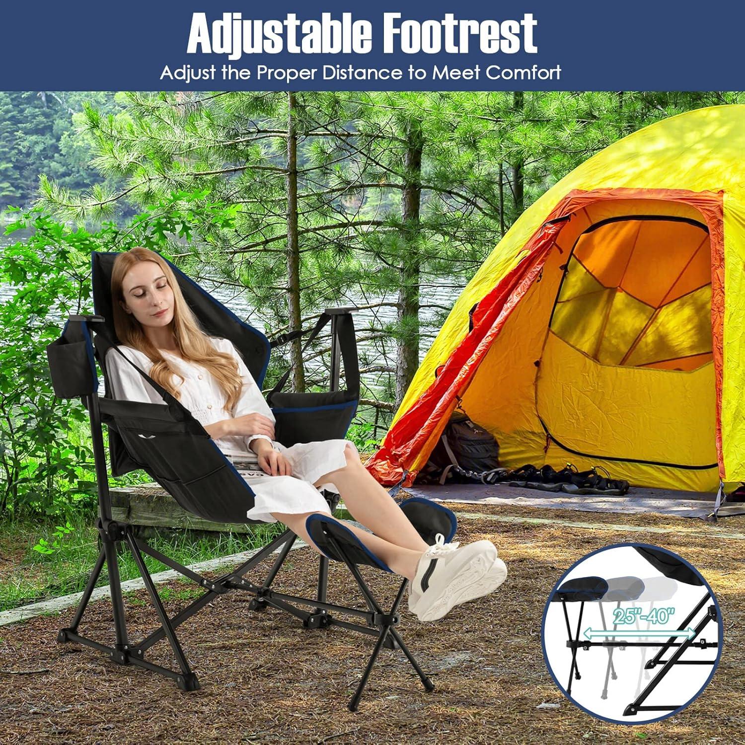 Silla de Camping Mecedora Giantex Negra con Reposapiés Ajustable