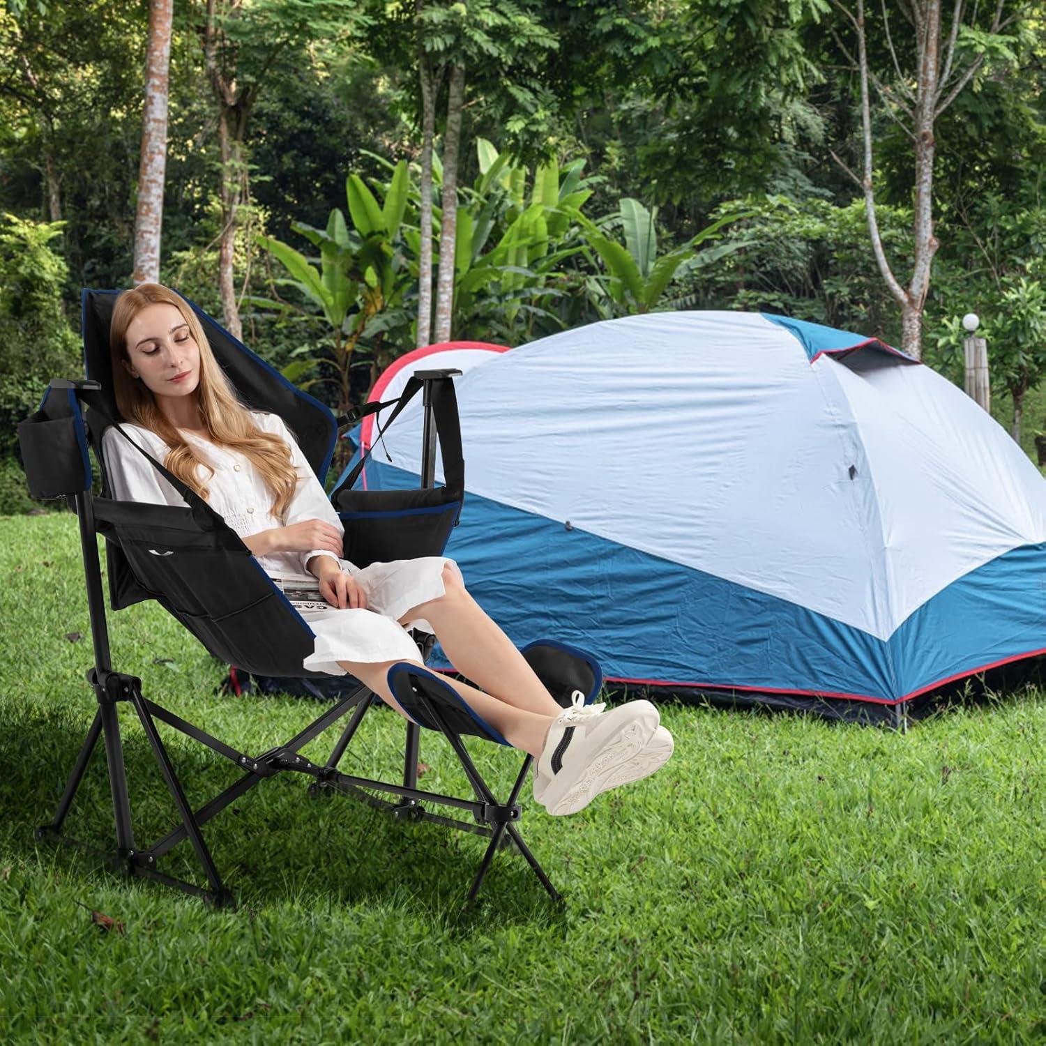 Silla de Camping Mecedora Giantex Negra con Reposapiés Ajustable