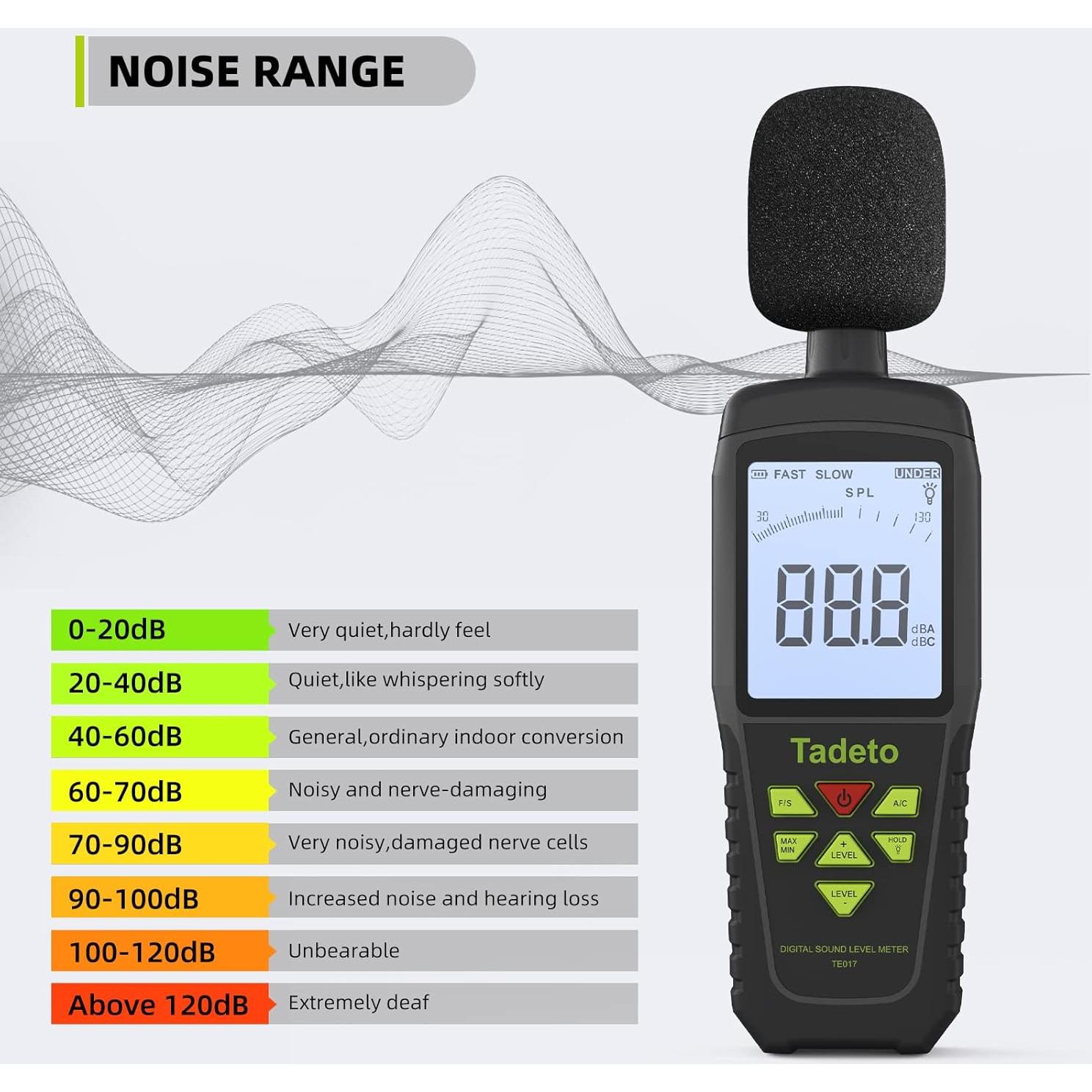 Medidor de Decibelios Digital Tadeto TE017 30-130dB LCD Retroiluminado