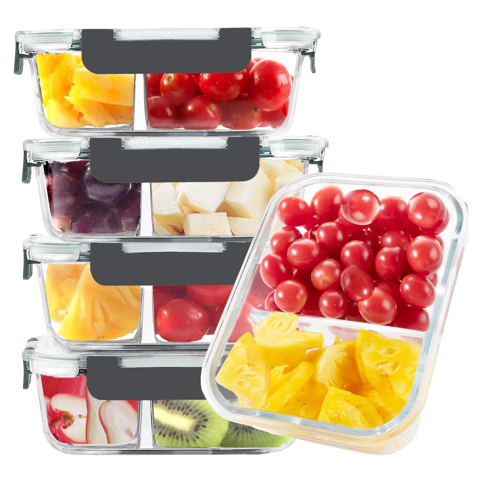 Contenedores de Vidrio BAYZZ 5 Piezas 1035 ml 2 Compartimentos