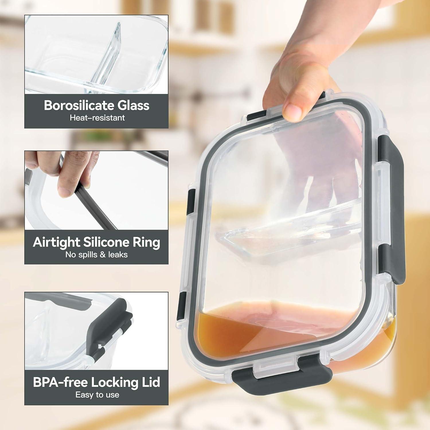 Contenedores de Vidrio BAYZZ 5 Piezas 1035 ml 2 Compartimentos