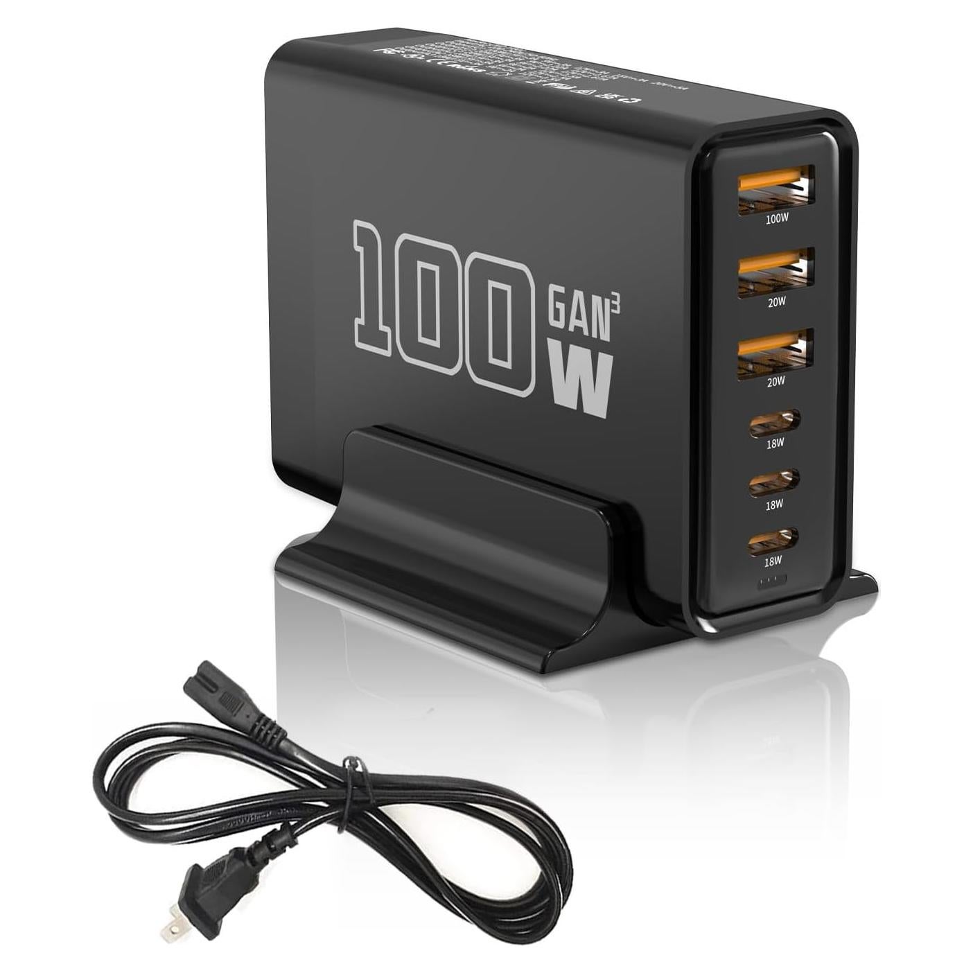 Cargador Rápido USB MaxLax 100W GaN 6 Puertos Negro
