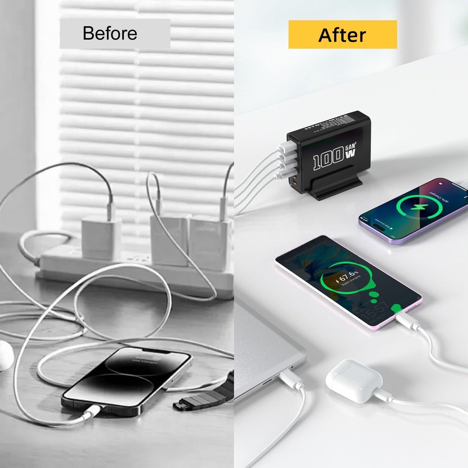 Cargador Rápido USB MaxLax 100W GaN 6 Puertos Negro