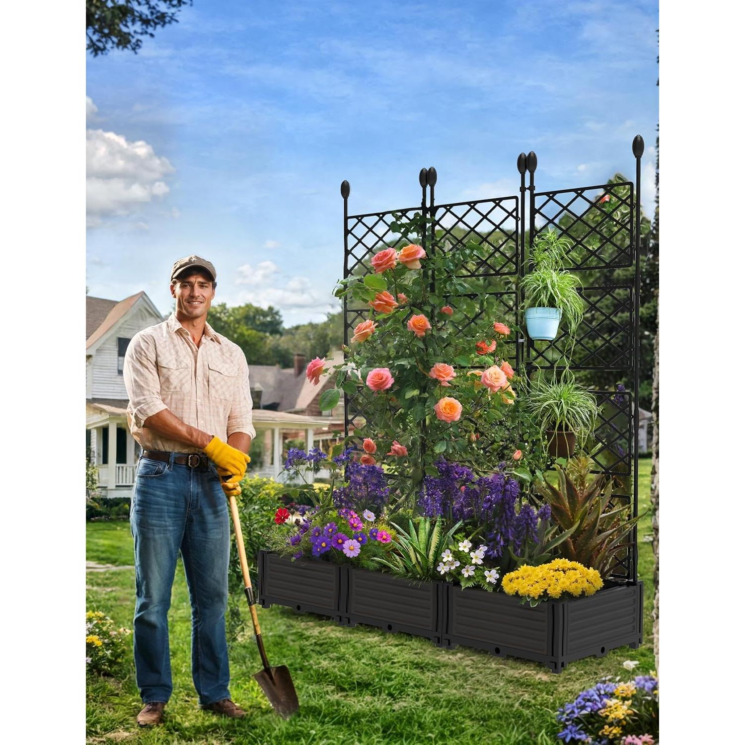 Cama de Jardín Elevada GarveeHome 3 PCS con Enrejado 126x42x160 cm