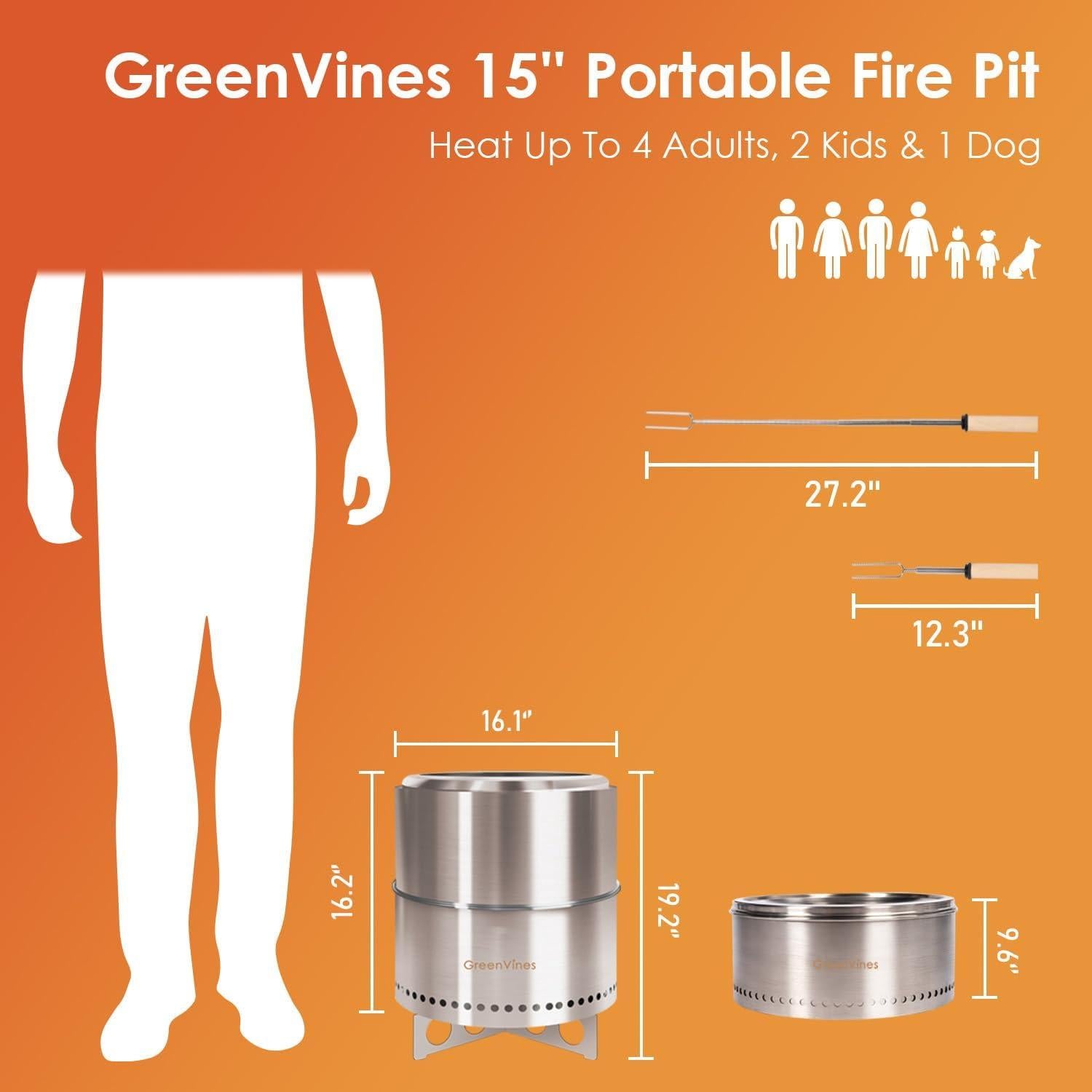 Hoguera Sin Humo GREENVINES 38 cm Acero Inoxidable Portátil