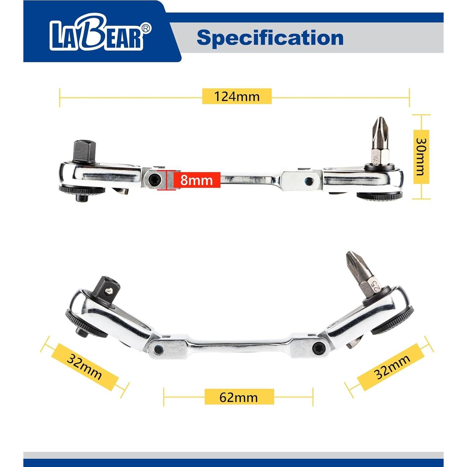Carraca Dual Flexible LABEAR 1/4" con Cabeza de 180°