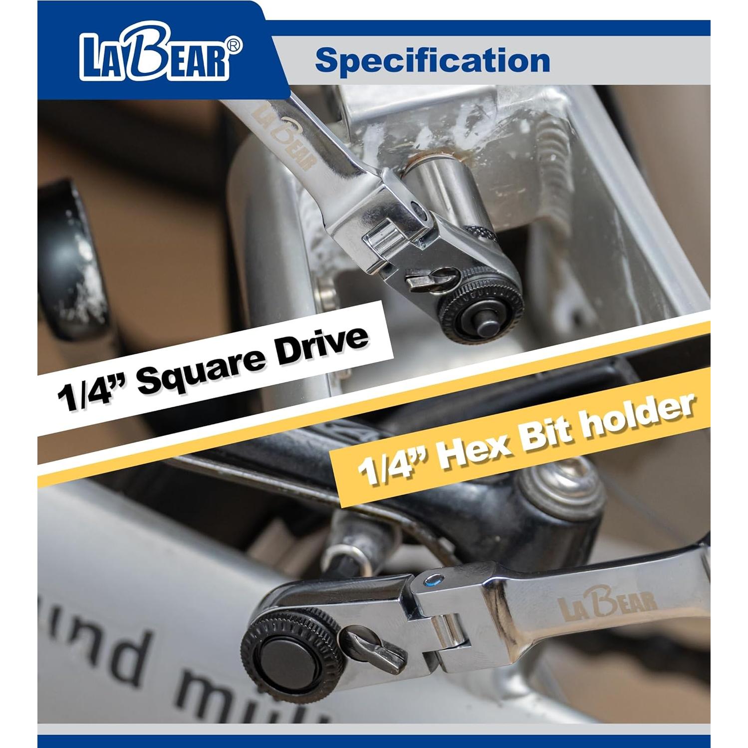 Carraca Dual Flexible LABEAR 1/4" con Cabeza de 180°