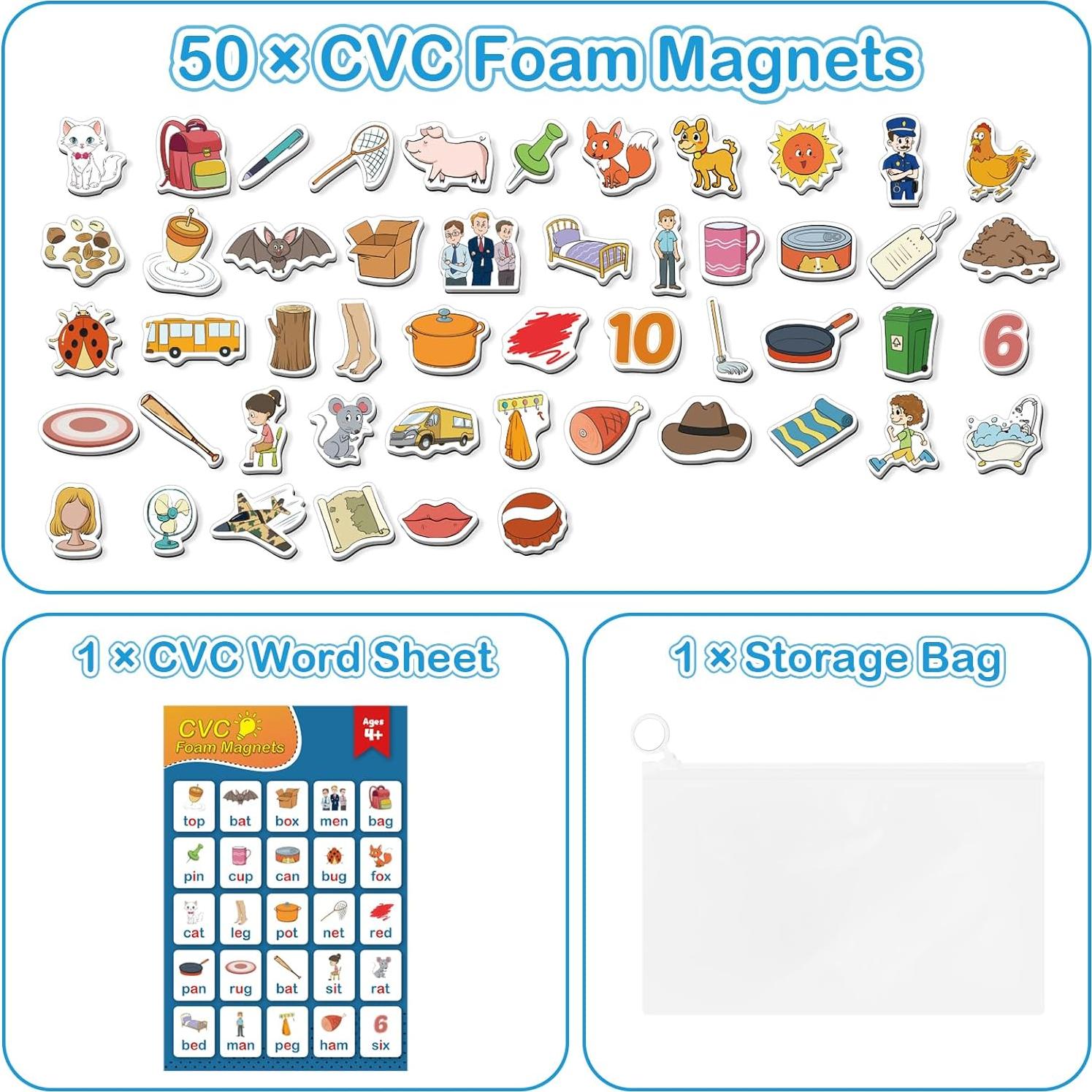 Juego de Palabras CVC Kasfalci - 50 Imanes de Espuma para Niños