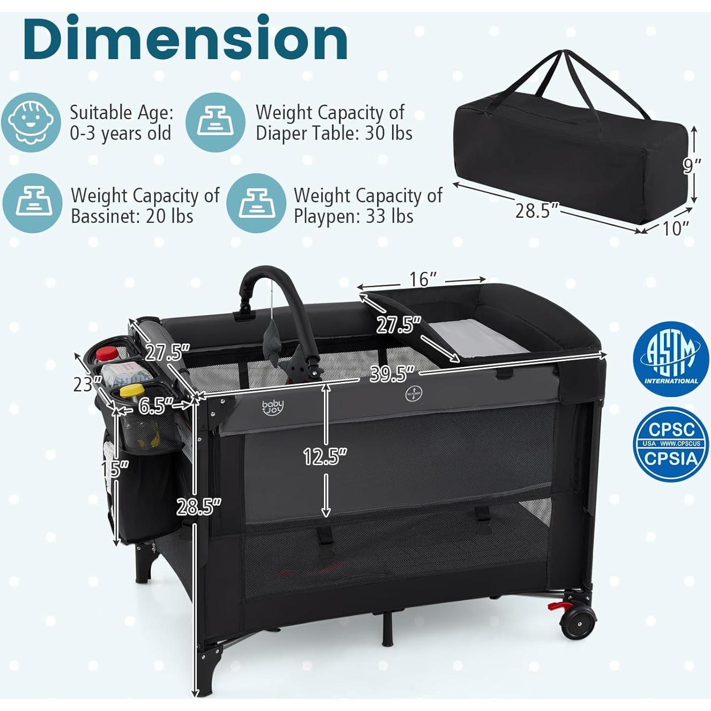 Cuna 5-en-1 BABY JOY Pack and Play con Dosel y Cambiador