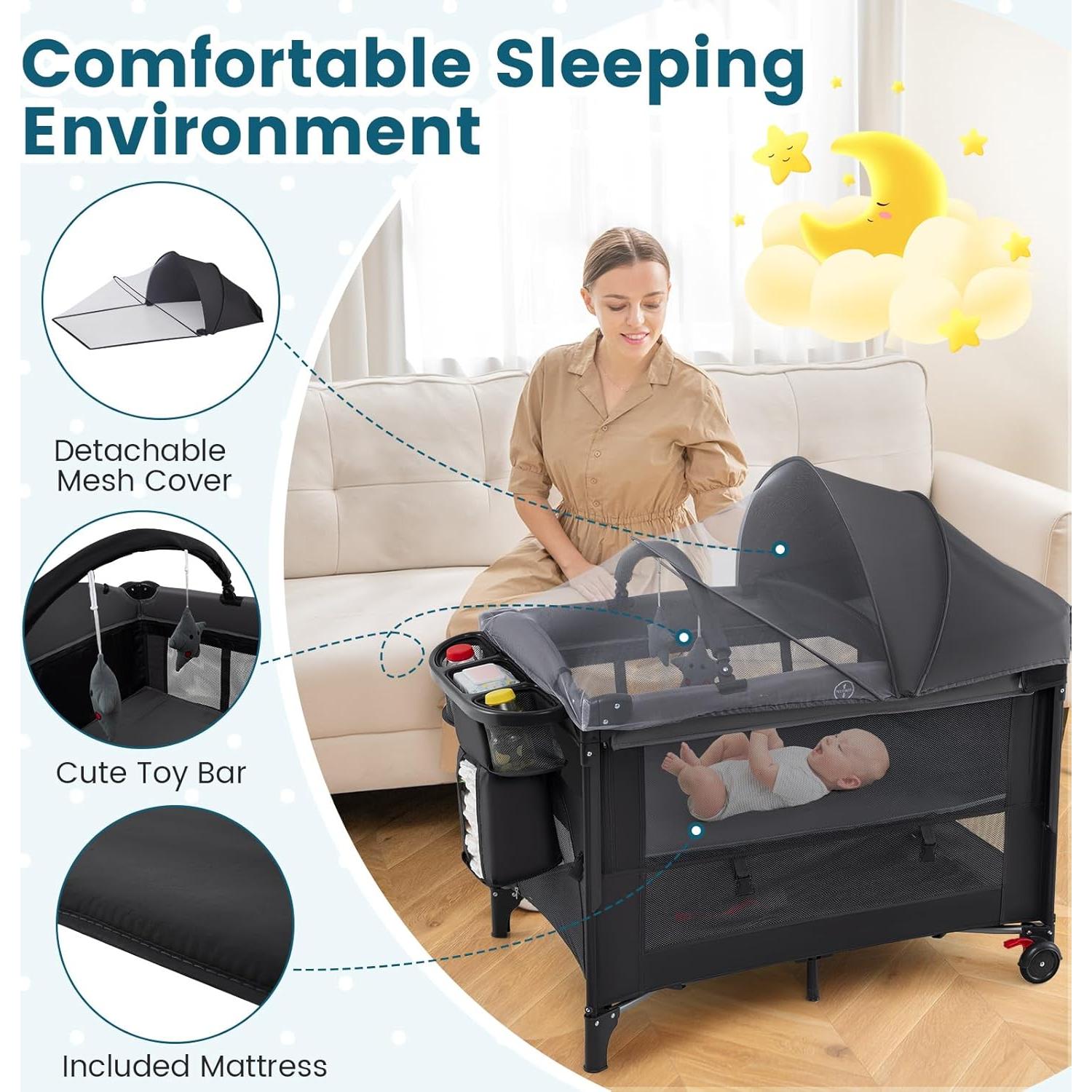 Cuna 5-en-1 BABY JOY Pack and Play con Dosel y Cambiador