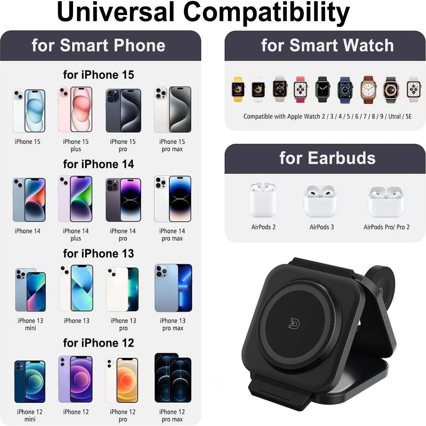 Cargador Inalámbrico 3 en 1 Asooaek para iPhone, Watch y AirPods