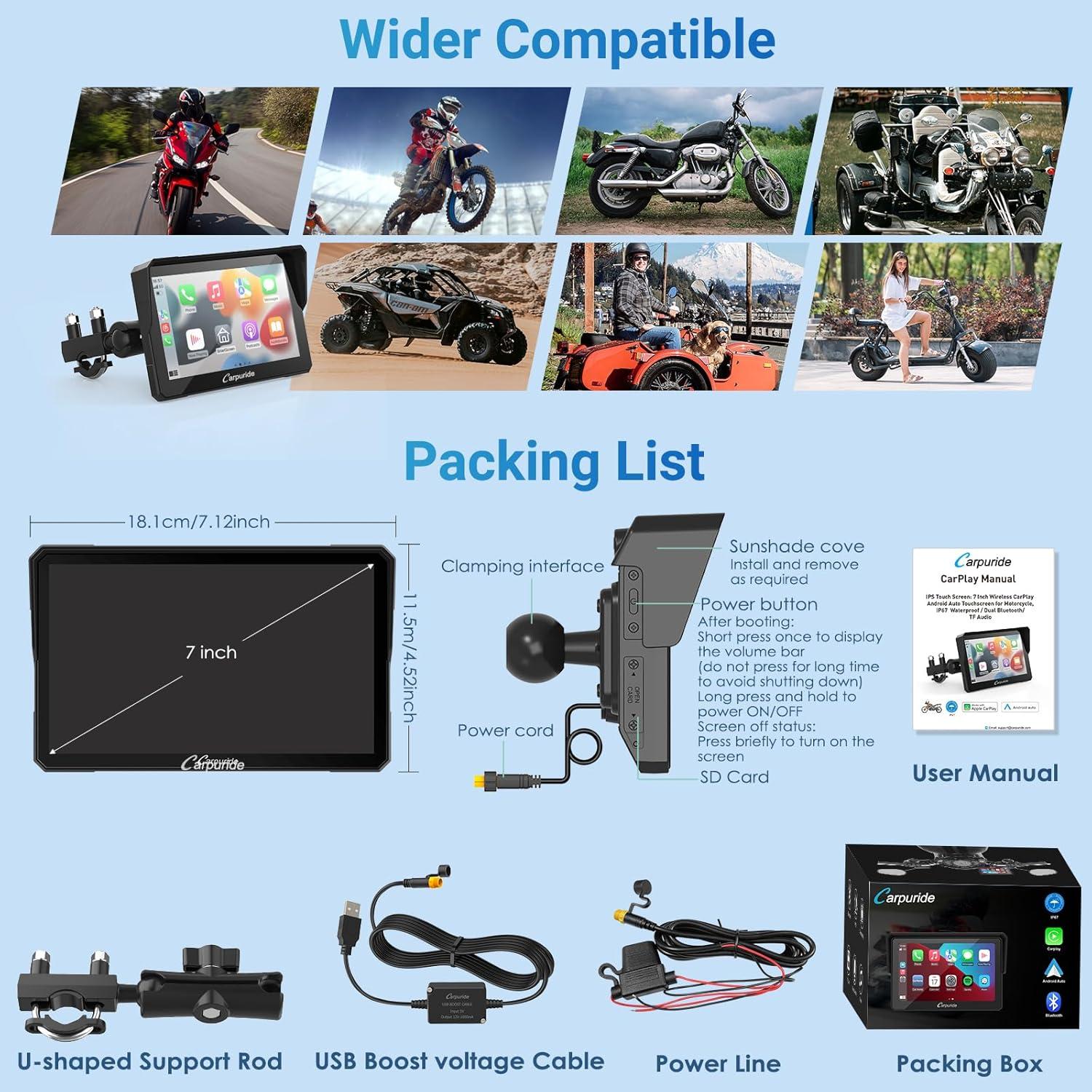 Pantalla GPS Carpuride W702 para Motocicleta 7" Táctil IP67