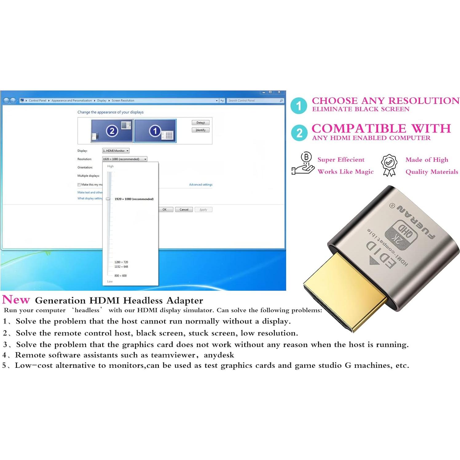 Dummy Plug Emulador de Pantalla FUERAN 10 Paquetes HDMI 2K