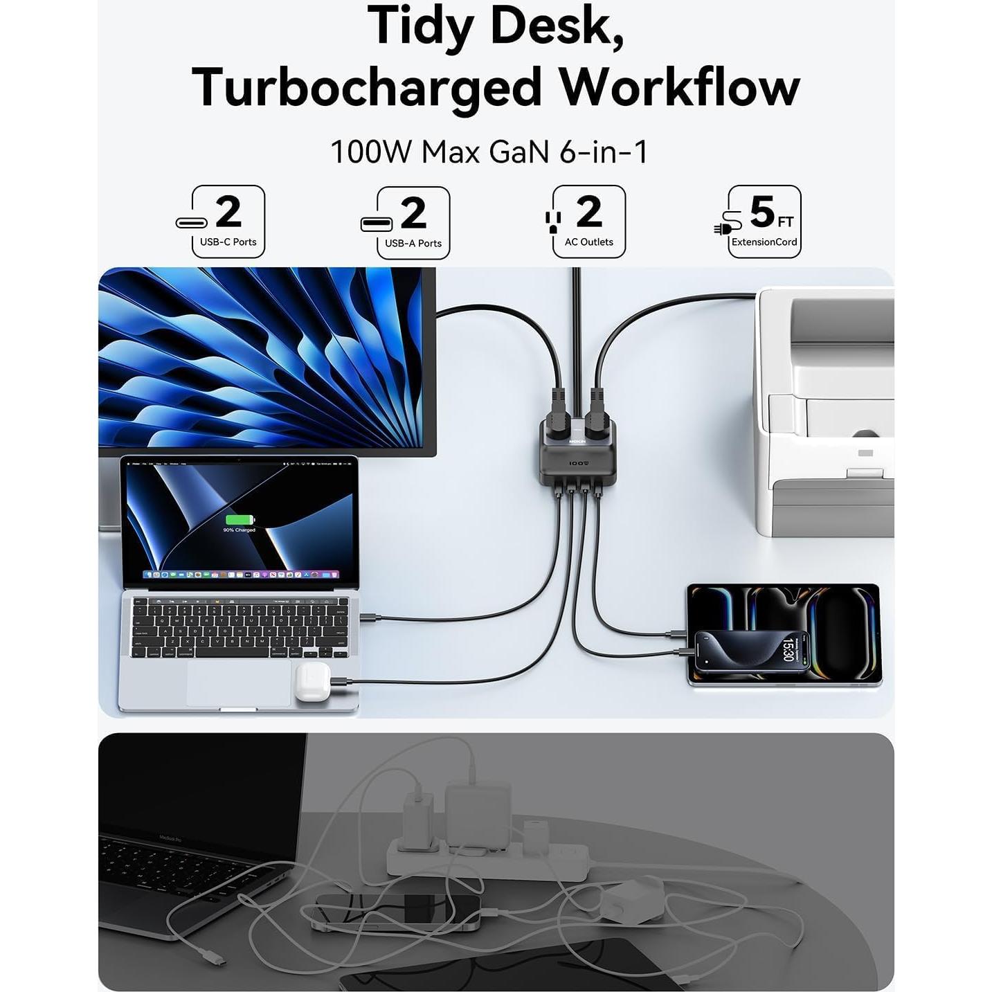 Estación de Carga 100W GaN imokin 6 en 1 USB-C Negro