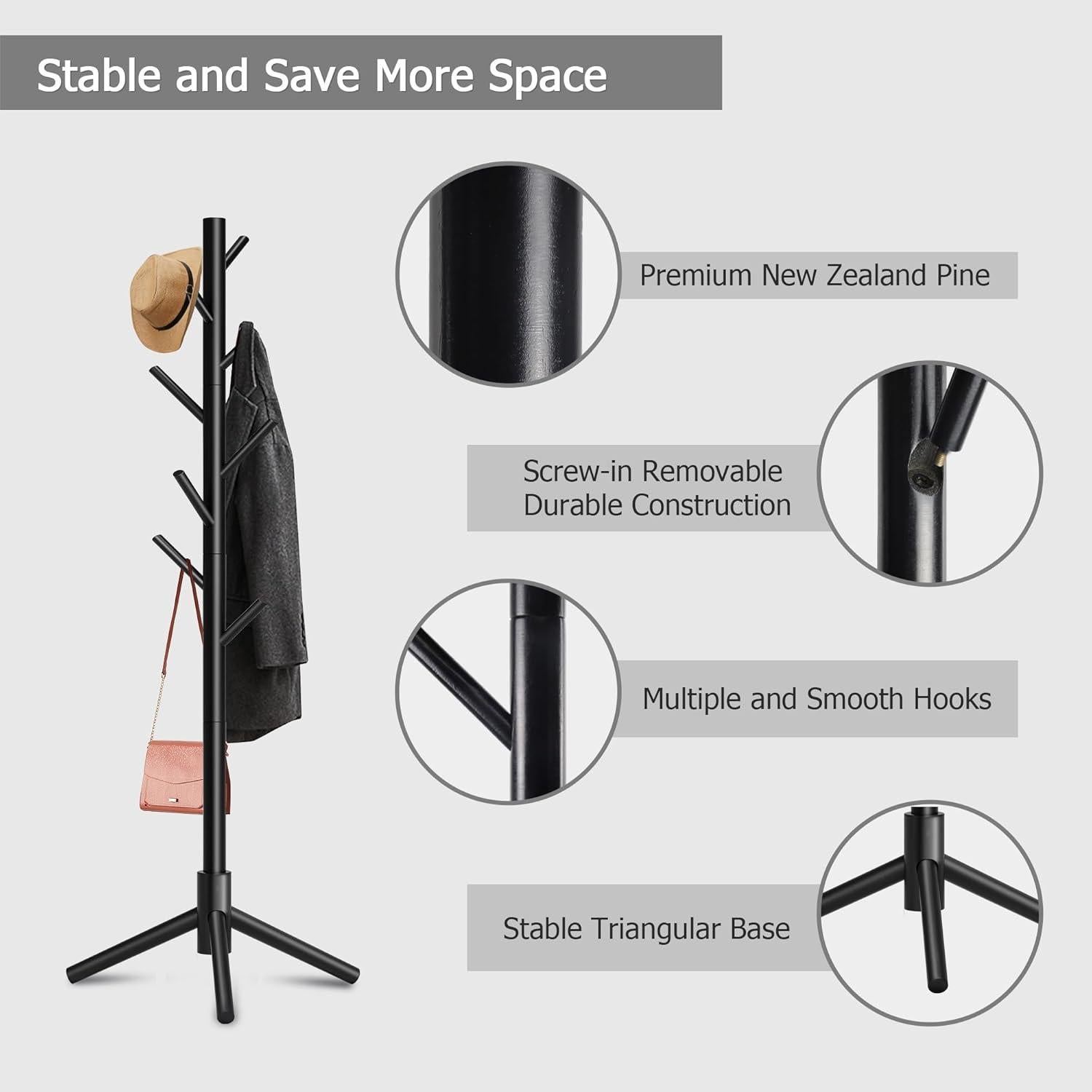 Perchero de Pie Azaeahom Negro con 8 Ganchos Ajustables