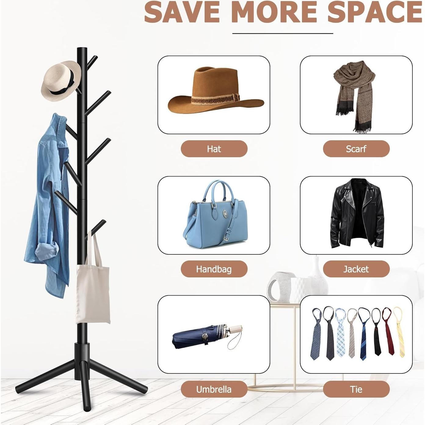 Perchero de Pie Azaeahom Negro con 8 Ganchos Ajustables