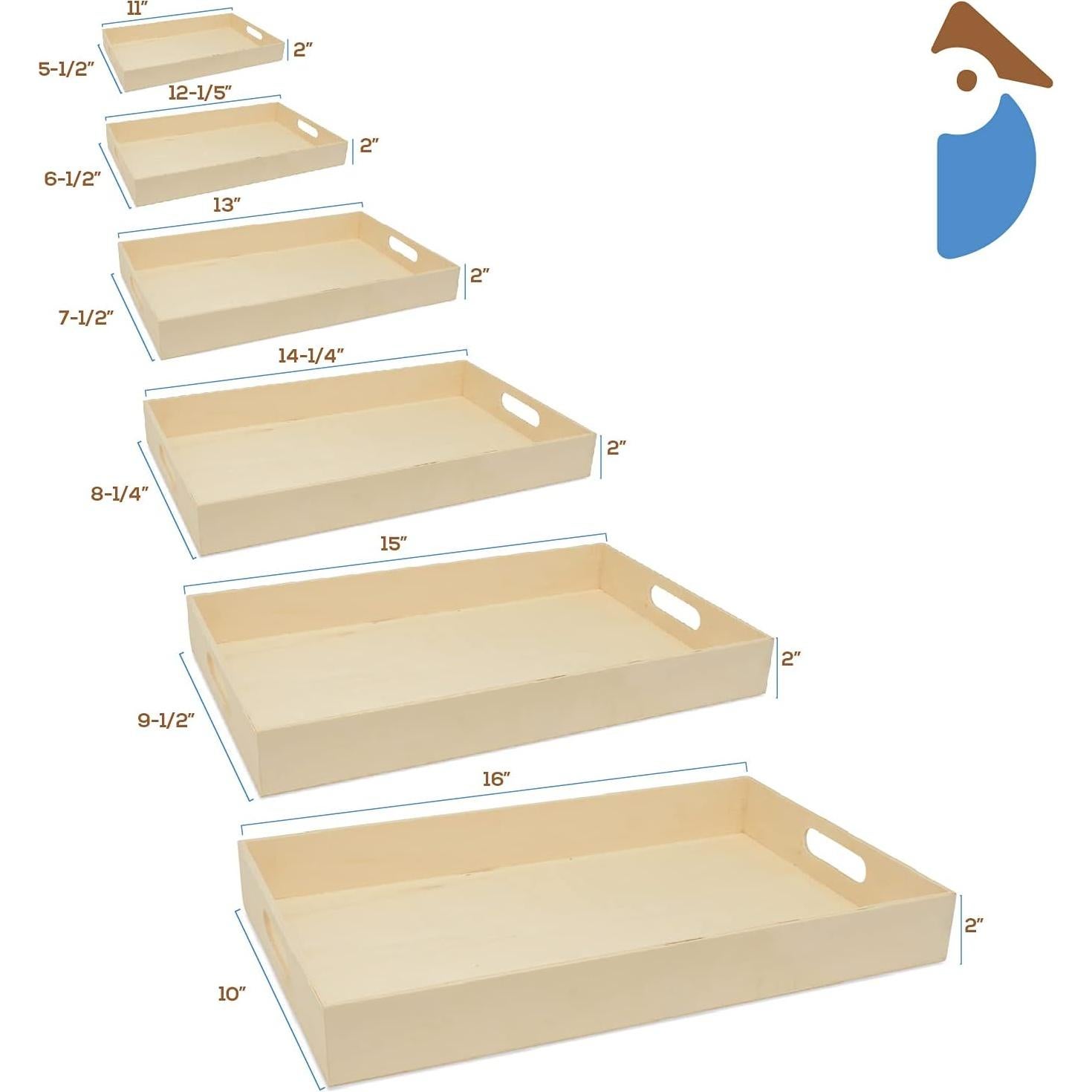 Juego de 6 Bandejas de Madera Sin Terminar Woodpeckers