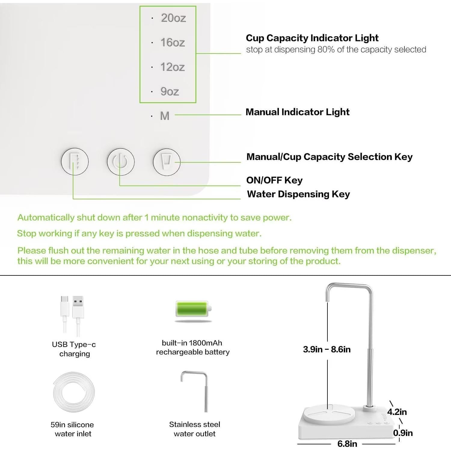 Desktop Water Dispenser 5 Gallon Mini Countertop Water Bottle Pump Portable Water Jug Dispenser Smart USB Rechargeable Water Dispenser Bottom Load for Home Office Camping Outdoor Travel (White)