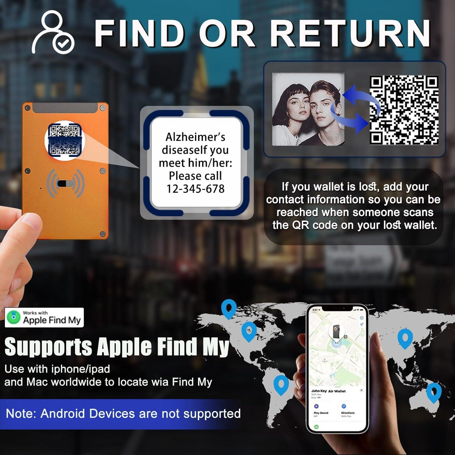 Smart Metal Wallet with Custom 4-Color E-Ink Screen, Double-Tap to Show Contact Info, Built-in Find My Tracker (iOS Only), RFID-Blocking Metal Design, Holds 12 Cards & Removable Cash Clip