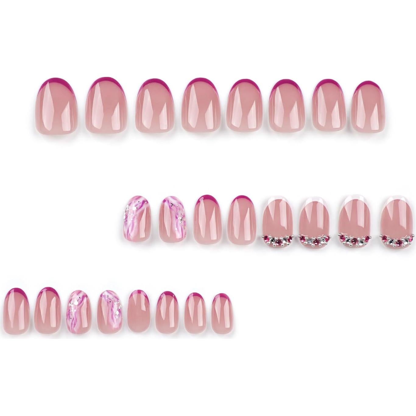 Uñas Postizas Cortas Almendra Moradas con Punta Francesa 24 Pcs