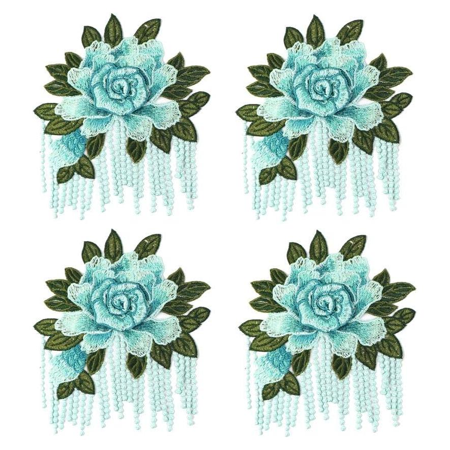 4 Parches de Tela Bordados Peonía Vintage Aqua 17x20cm