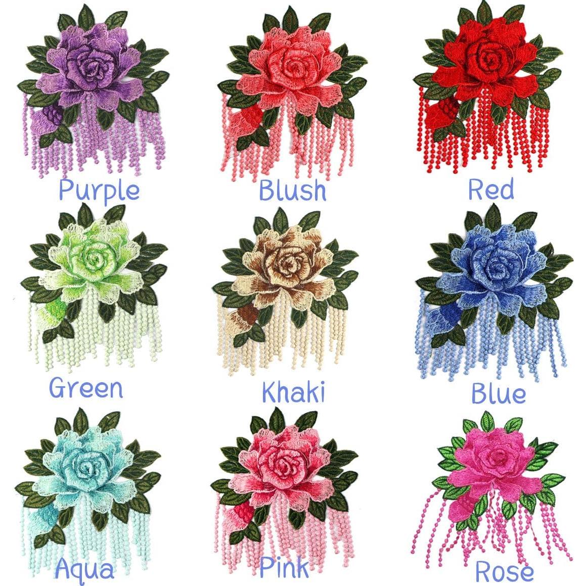 4 Parches de Tela Bordados Peonía Vintage Aqua 17x20cm