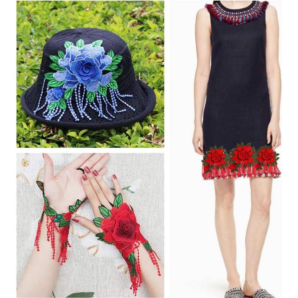 4 Parches de Tela Bordados Peonía Vintage Aqua 17x20cm