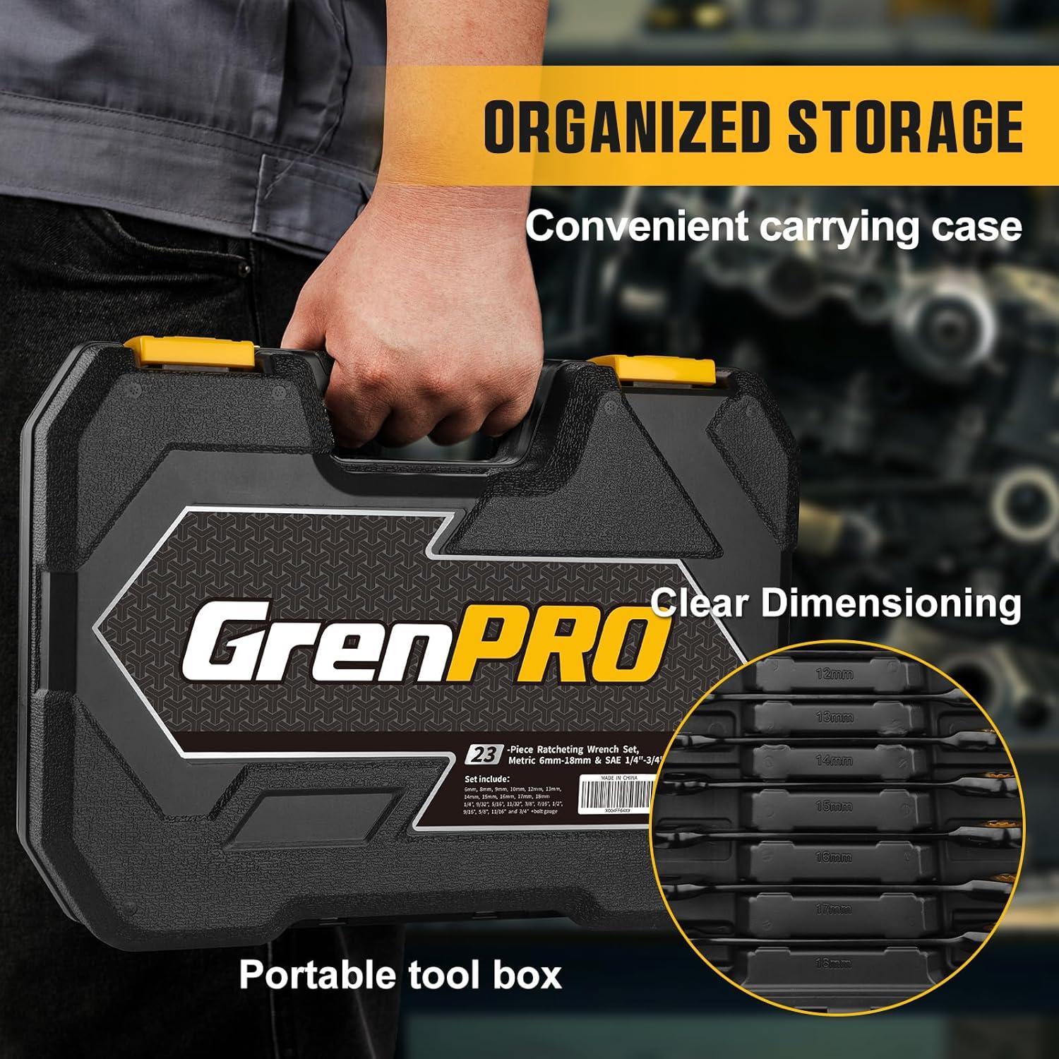 Juego de Llaves de Carraca GRENPRO 23 Piezas Métrico y SAE