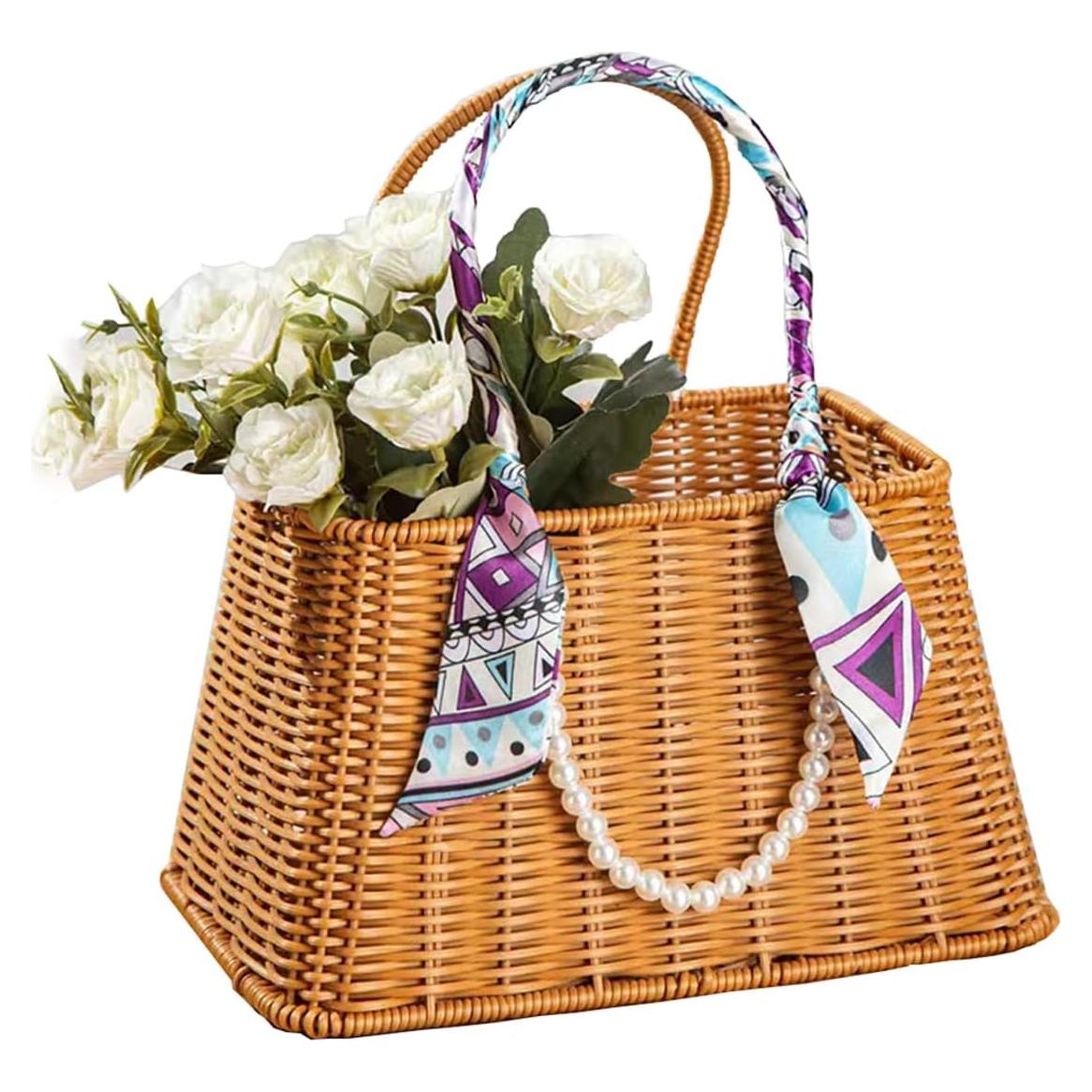 Cesta Tejida a Mano RT&BS - Decoración de Bufanda y Perlas