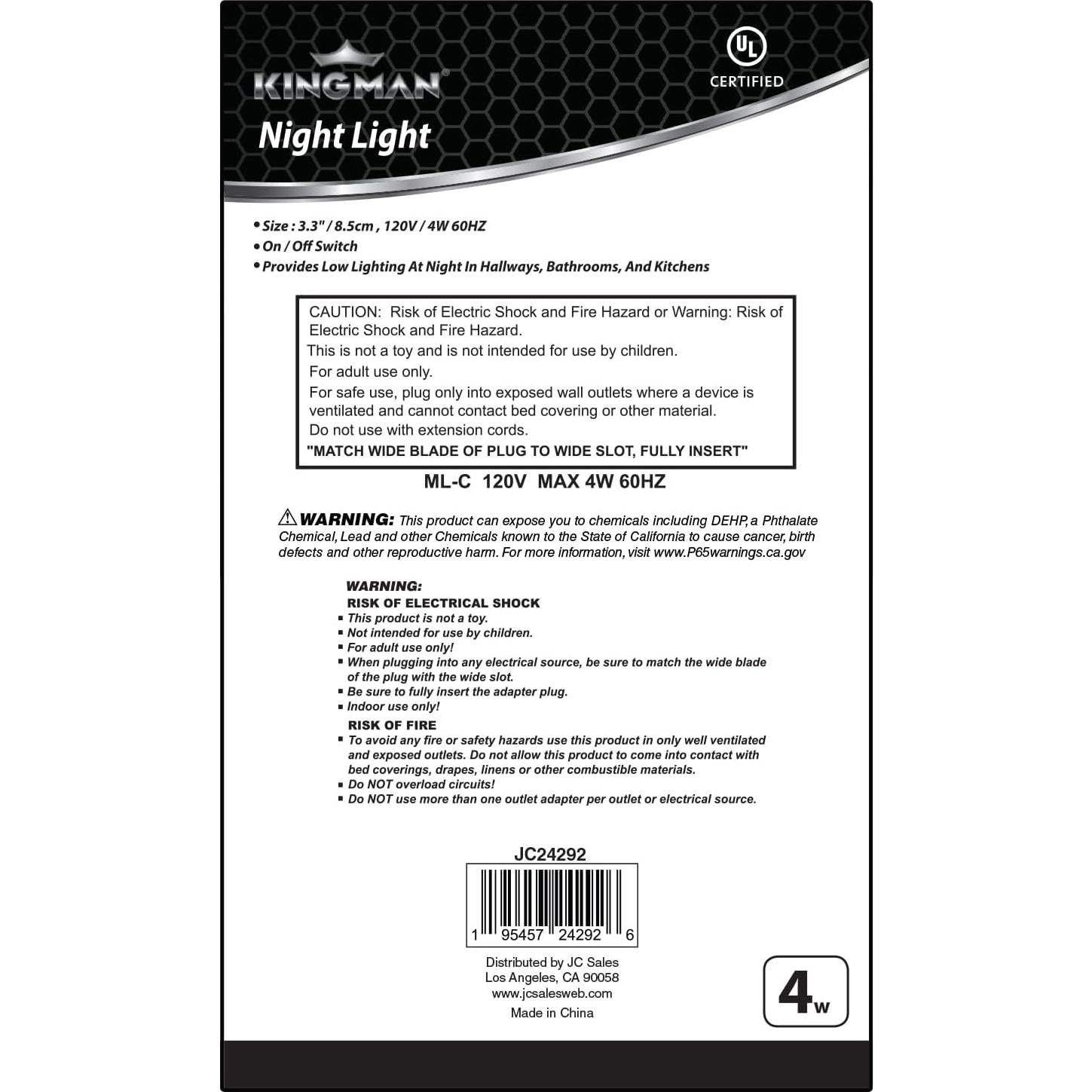 Luz Nocturna Enchufable Kingman 4W Blanca Cálida Certificada UL