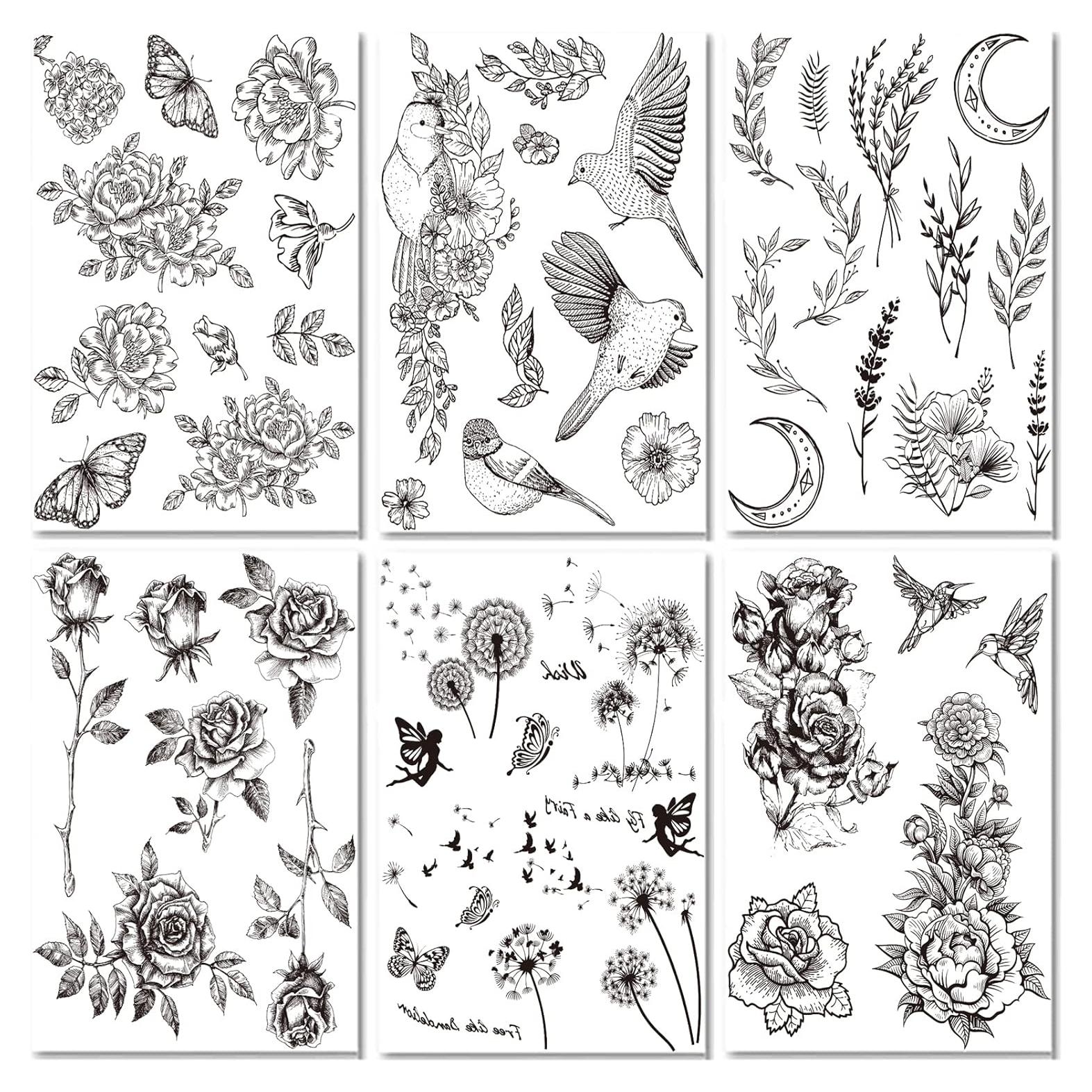 Tatuajes Temporales Flor Pájaro Briyhose - 6 Hojas Realistas