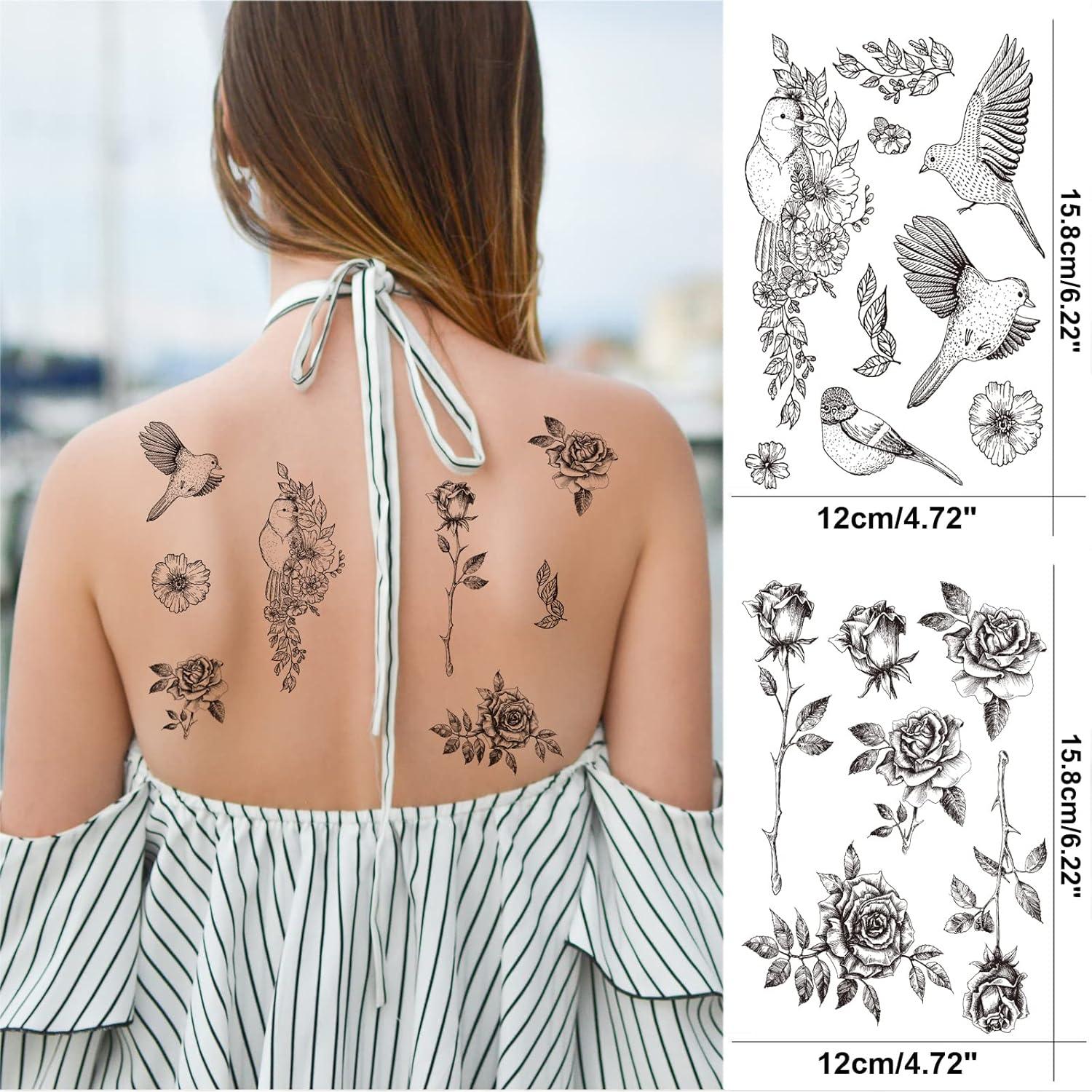 Tatuajes Temporales Flor Pájaro Briyhose - 6 Hojas Realistas