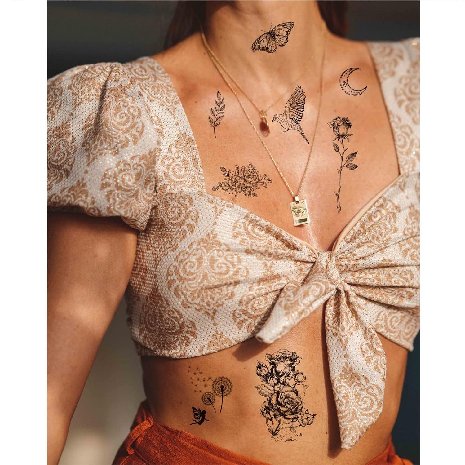 Tatuajes Temporales Flor Pájaro Briyhose - 6 Hojas Realistas