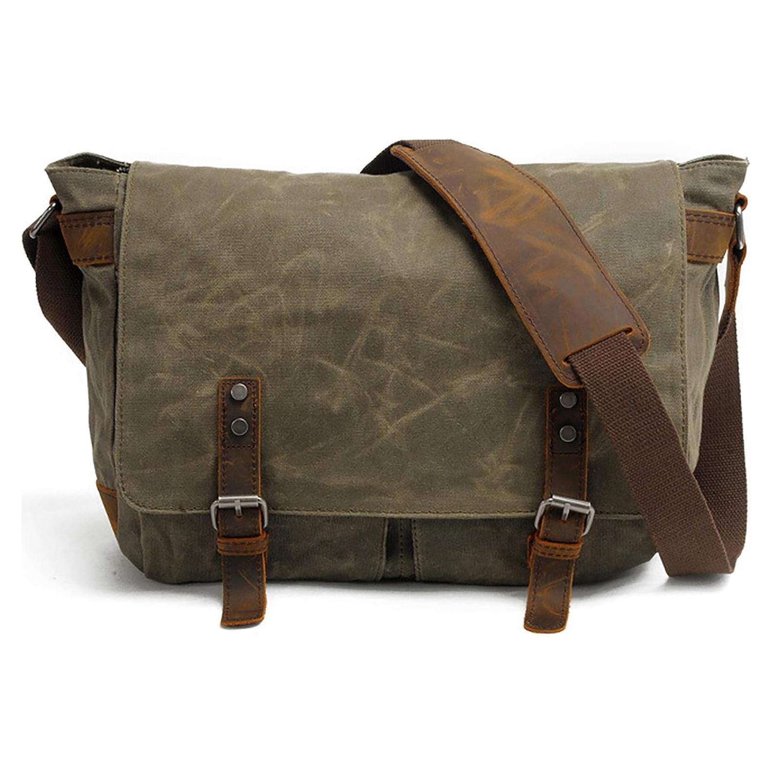 Bolsa Mensajera HuaChen Cuero y Lona 14" Verde Ejercito