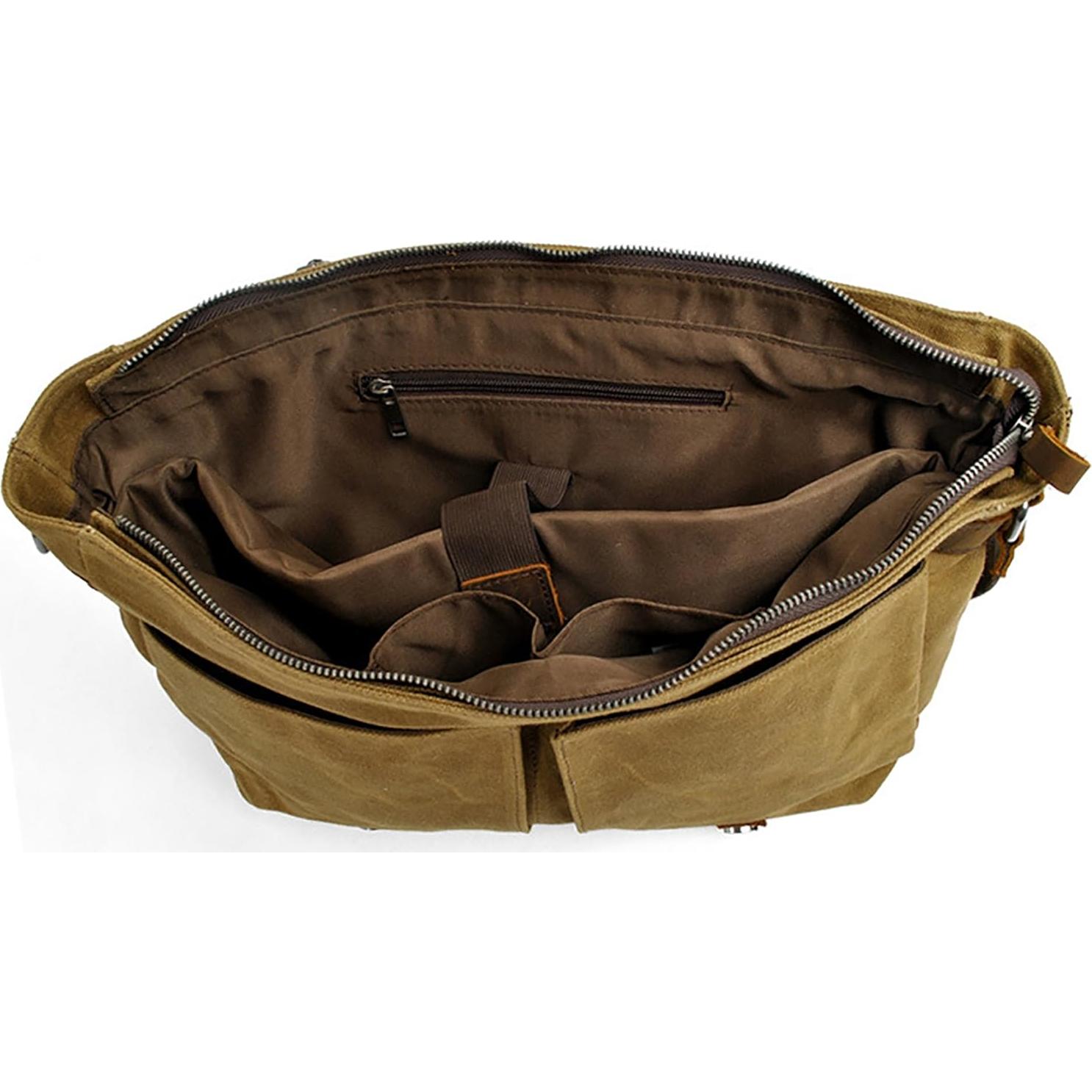 Bolsa Mensajera HuaChen Cuero y Lona 14" Verde Ejercito