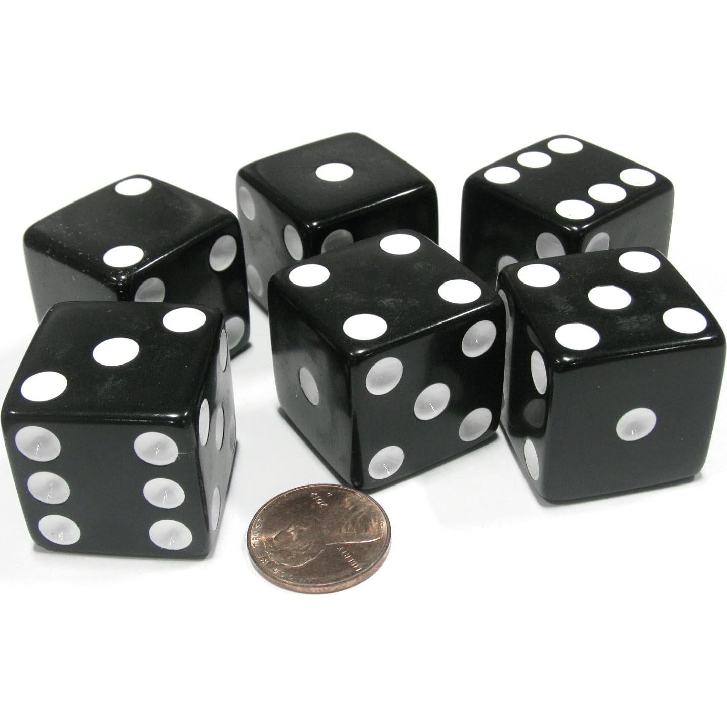 Juego de 6 Dados Jumbo 25mm Negros con Puntos Blancos